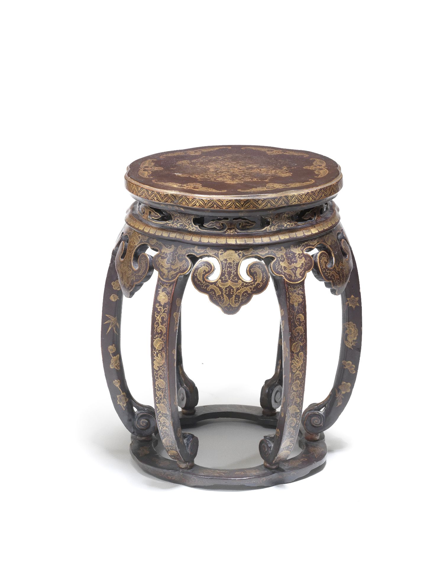 A GILT-DECORATED BLACK LACQUER BARREL-SHAPED STOOL 18th century