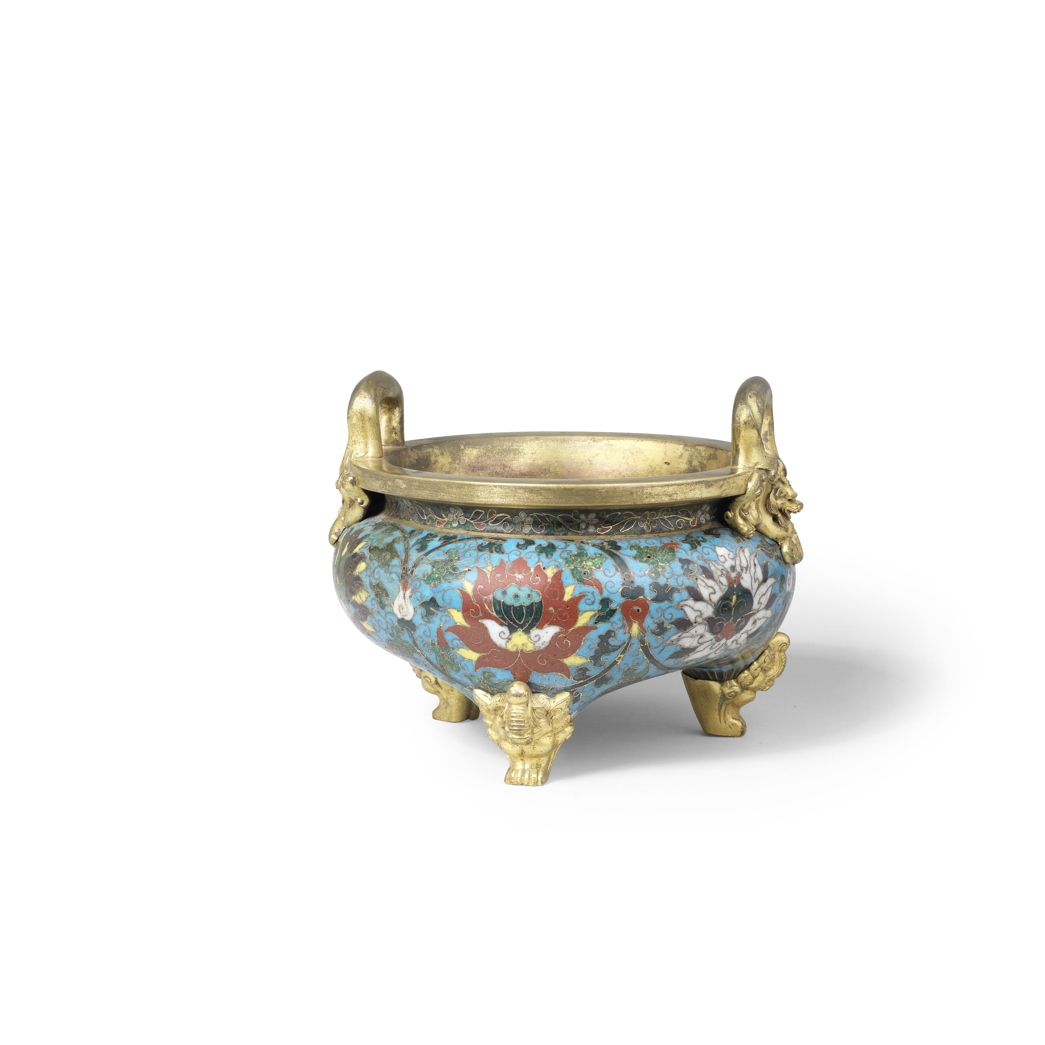 A RARE CLOISONN&#201; ENAMEL AND GILT-BRONZE TRIPOD INCENSE BURNER 16th century