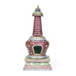 A RARE FAMILLE ROSE RUBY-RED-GROUND BUDDHIST STUPA 18th century (3)