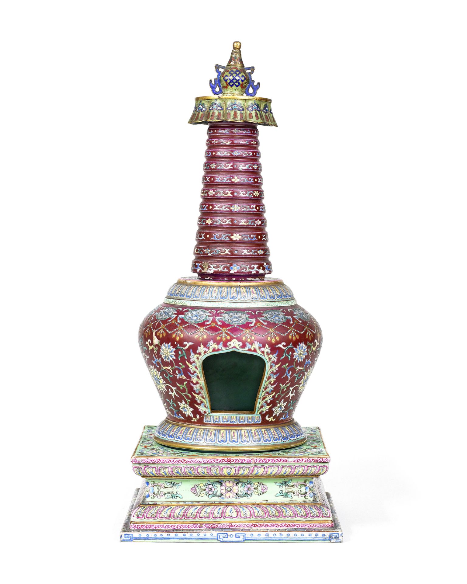 A RARE FAMILLE ROSE RUBY-RED-GROUND BUDDHIST STUPA 18th century (3)