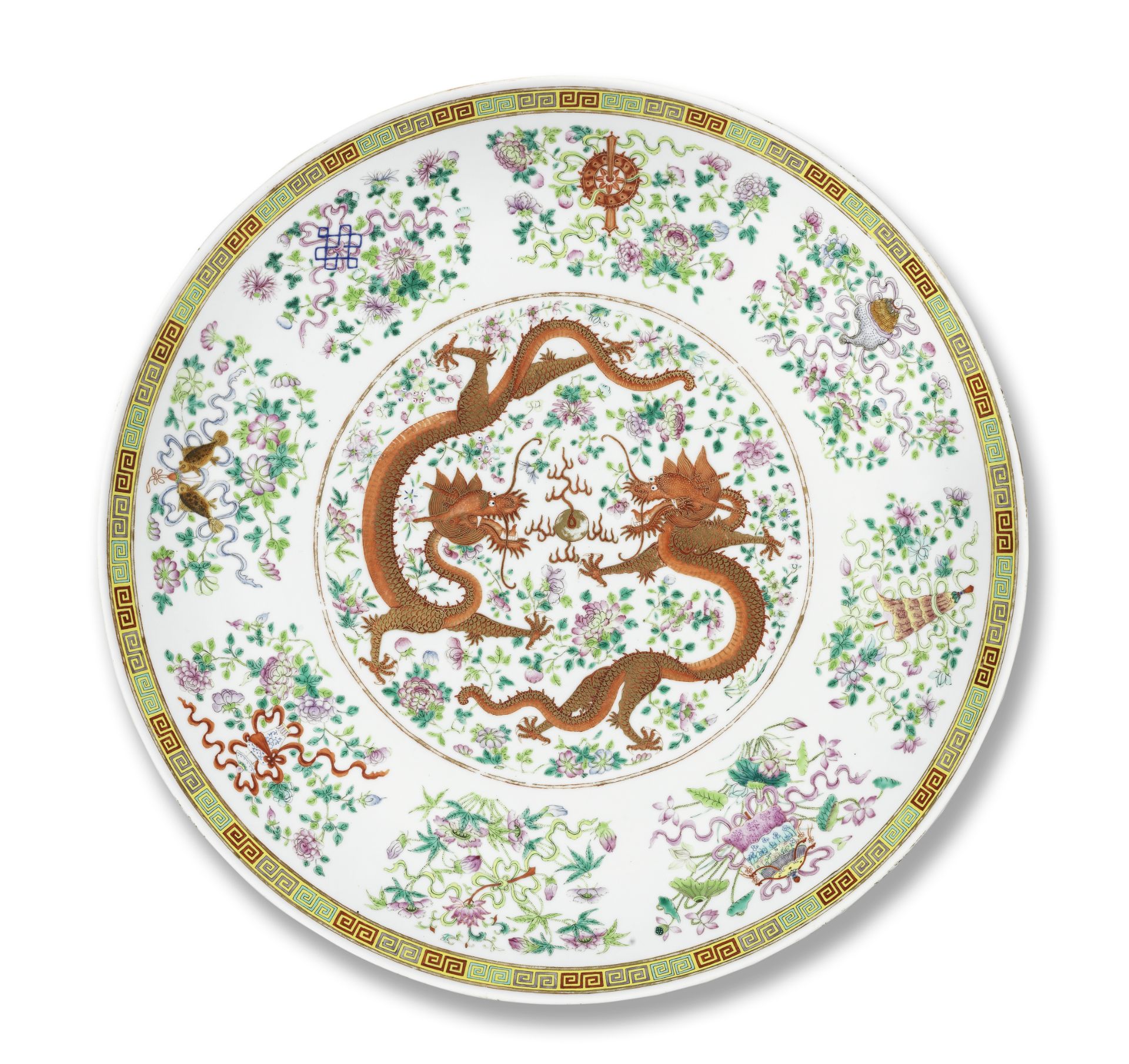 A VERY LARGE AND RARE FAMILLE ROSE 'DRAGON AND PHOENIX' SAUCER-DISH Guangxu six-character mark an...