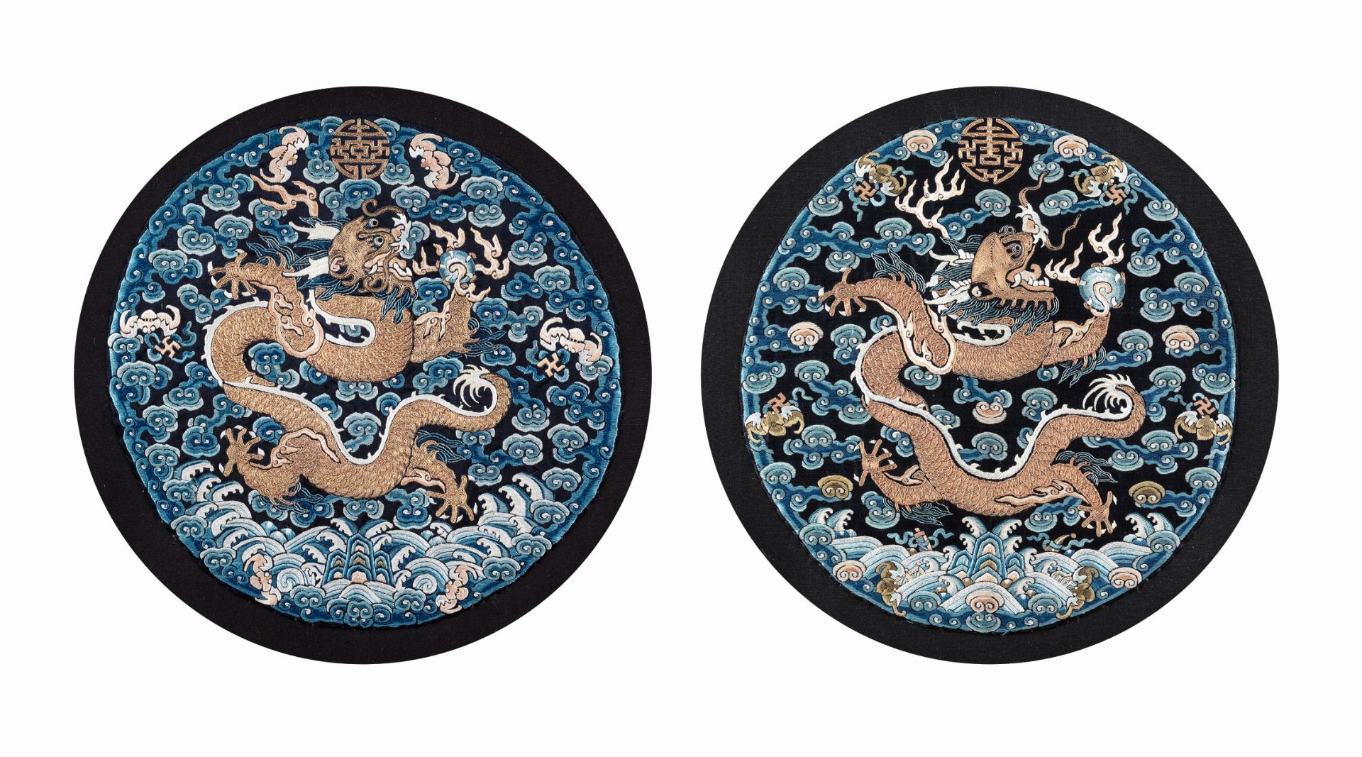 A PAIR OF EMBROIDERED SILK 'DRAGON' ROUNDELS FOR A NOBLEWOMAN 19th century (2)