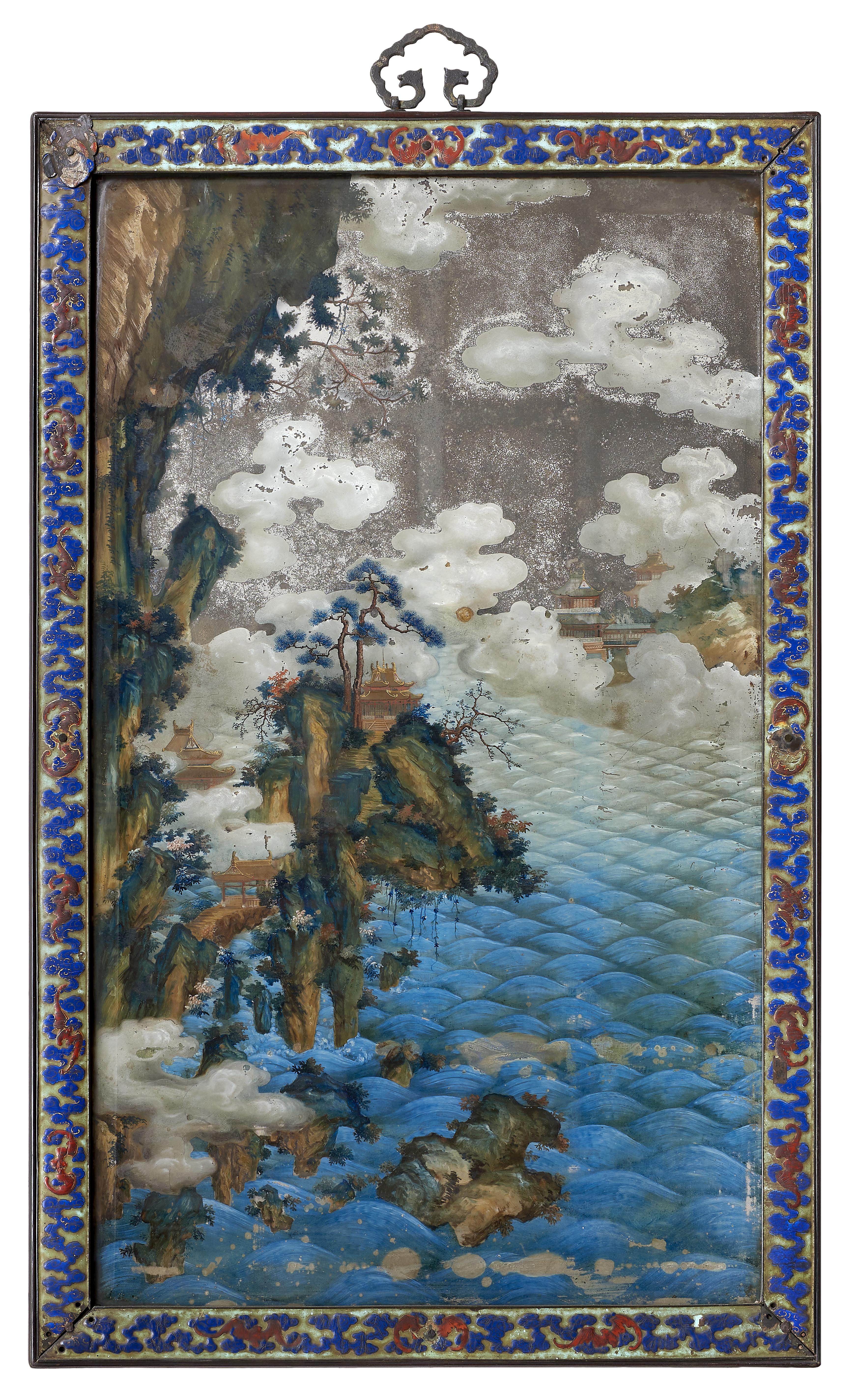 A RARE REVERSE GLASS 'LANDSCAPE' MIRROR PAINTING 18th century