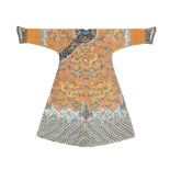 AN EXTREMELY RARE IMPERIAL HEIR-APPARENT APRICOT-GROUND SILK EMBROIDERED DRAGON ROBE, JIFU Qianlo...