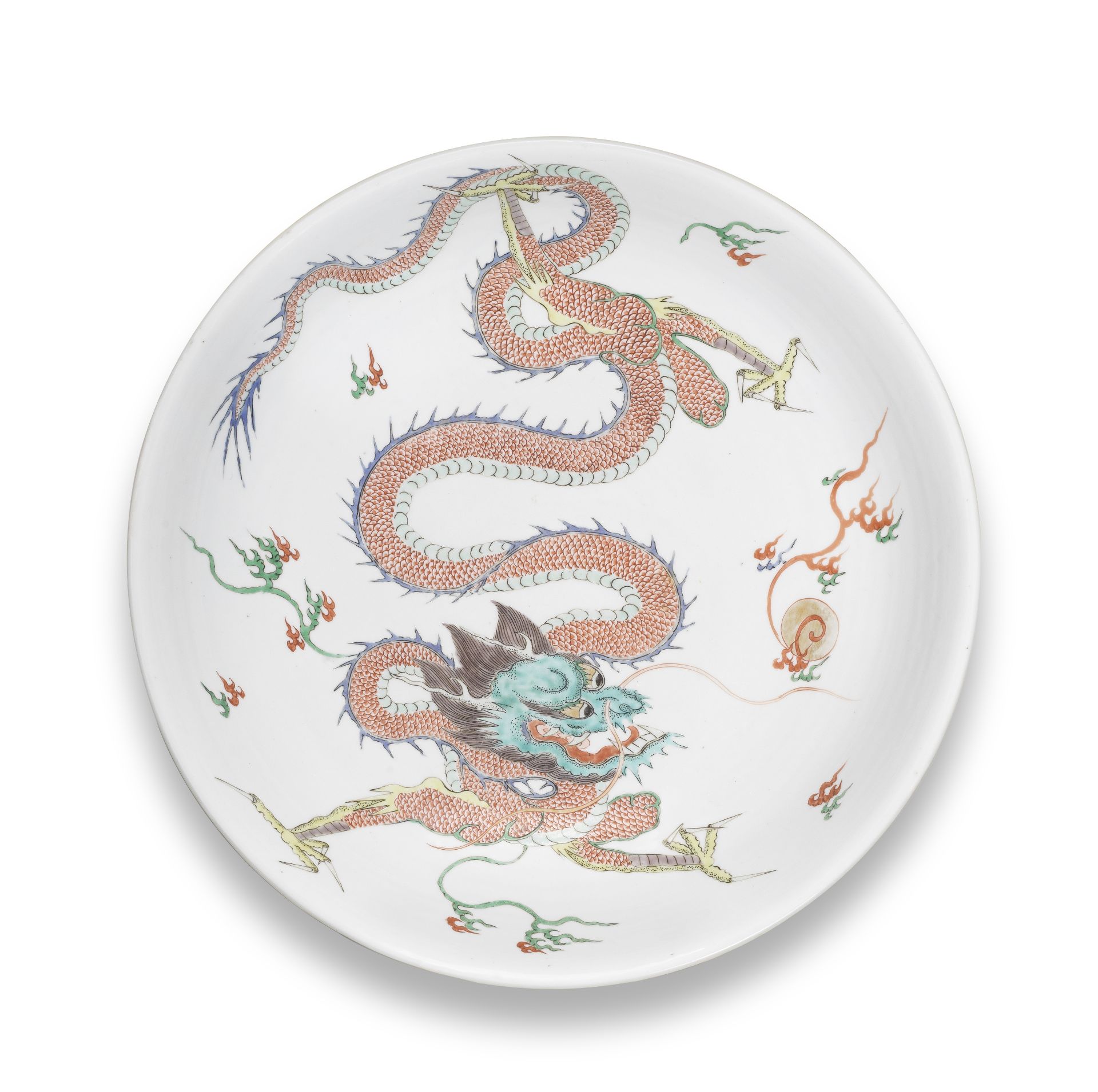 A RARE AND LARGE FAMILLE VERTE AND GILT 'DRAGON' SAUCER-DISH Kangxi six-character mark and of th...