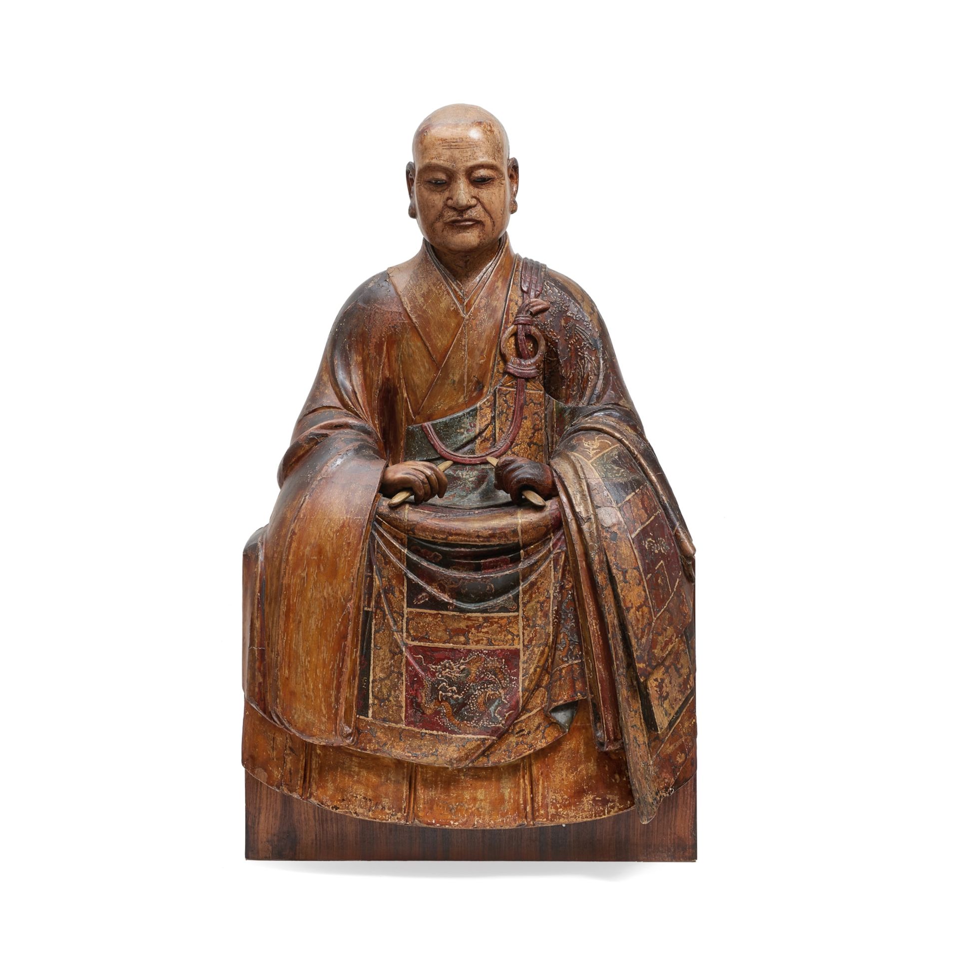 A LARGE GILT-LACQUERED POLYCHROME WOOD FIGURE OF A LUOHAN 18th century