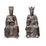 A RARE LARGE PAIR OF LACQUERED WOOD FIGURES OF DIGNITARIES Southeast Asia, circa 17th century (4)