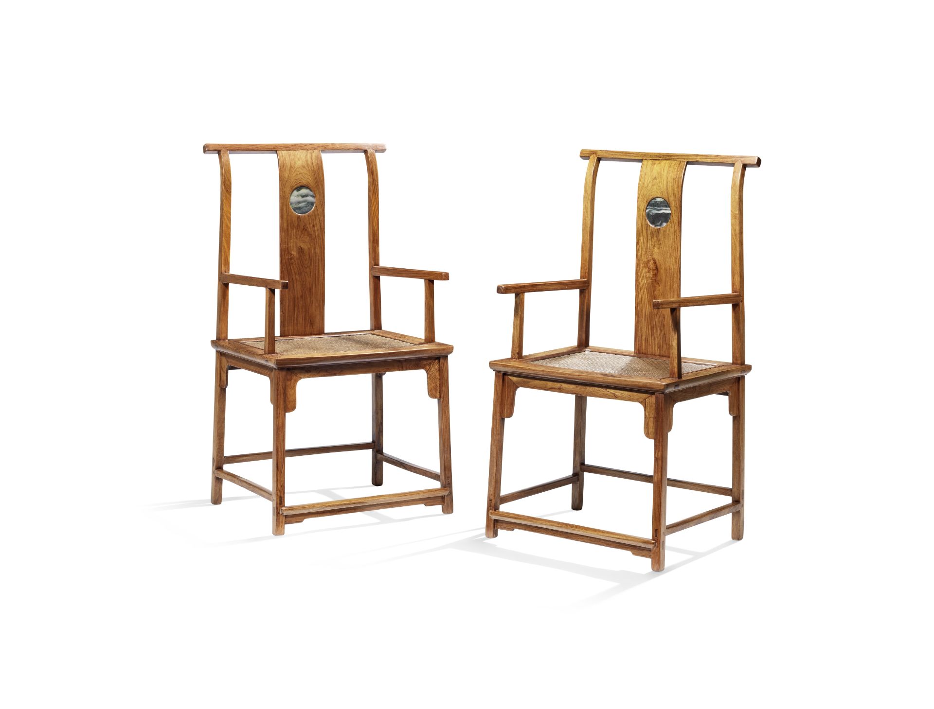 A RARE PAIR OF HUANGHUALI MARBLE-INSET HIGH-BACK ARMCHAIRS, GUANMAOYI 17th/18th century (2)