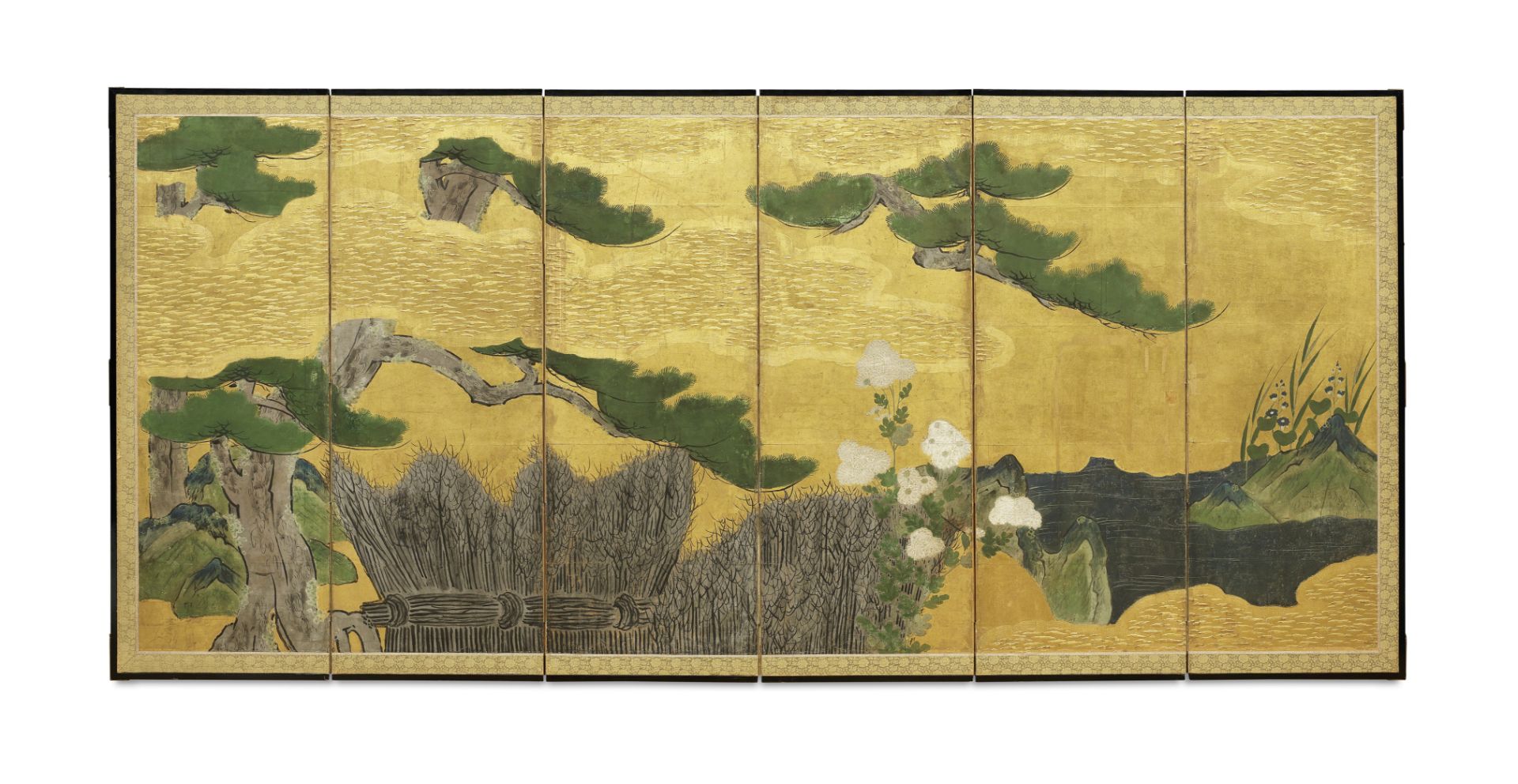 ANONYMOUS Chrysanthemums Beside a Brushwood Fence, River, and Pine Tree, Edo Period (1615-1868), ...