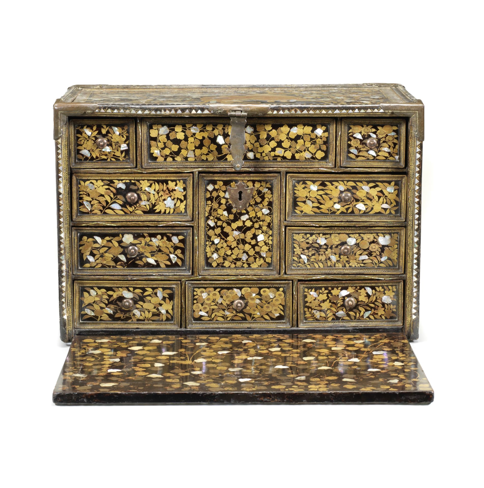 A RARE GILT-COPPER-MOUNTED SHELL-INLAID NANBAN LACQUER CABINET Momoyama Period, late 16th/early 1...