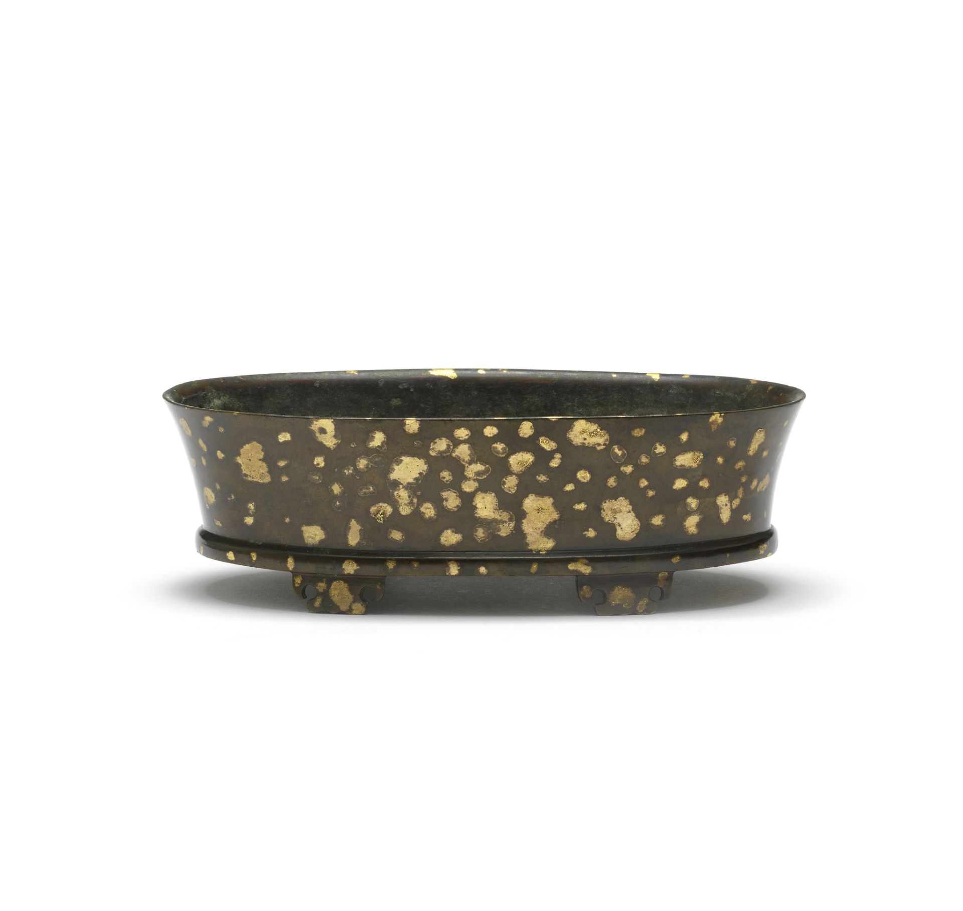 A RARE GOLD-SPLASHED BRONZE OVAL INCENSE BURNER Xuande six-character mark, 18th century