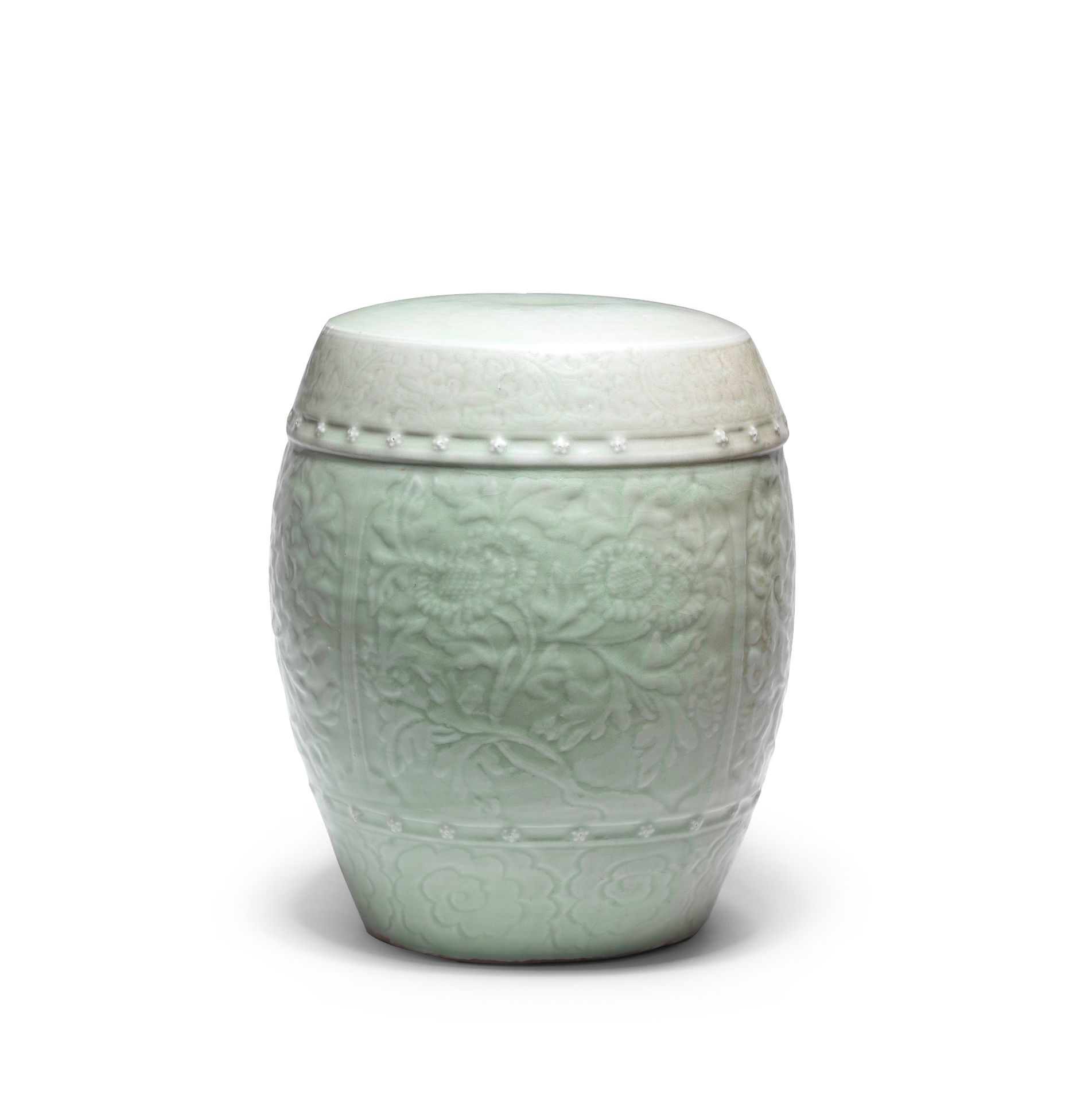 A LONGQUAN CELADON-GLAZED BARREL-SHAPED GARDEN SEAT, ZUODUN 15th/16th century