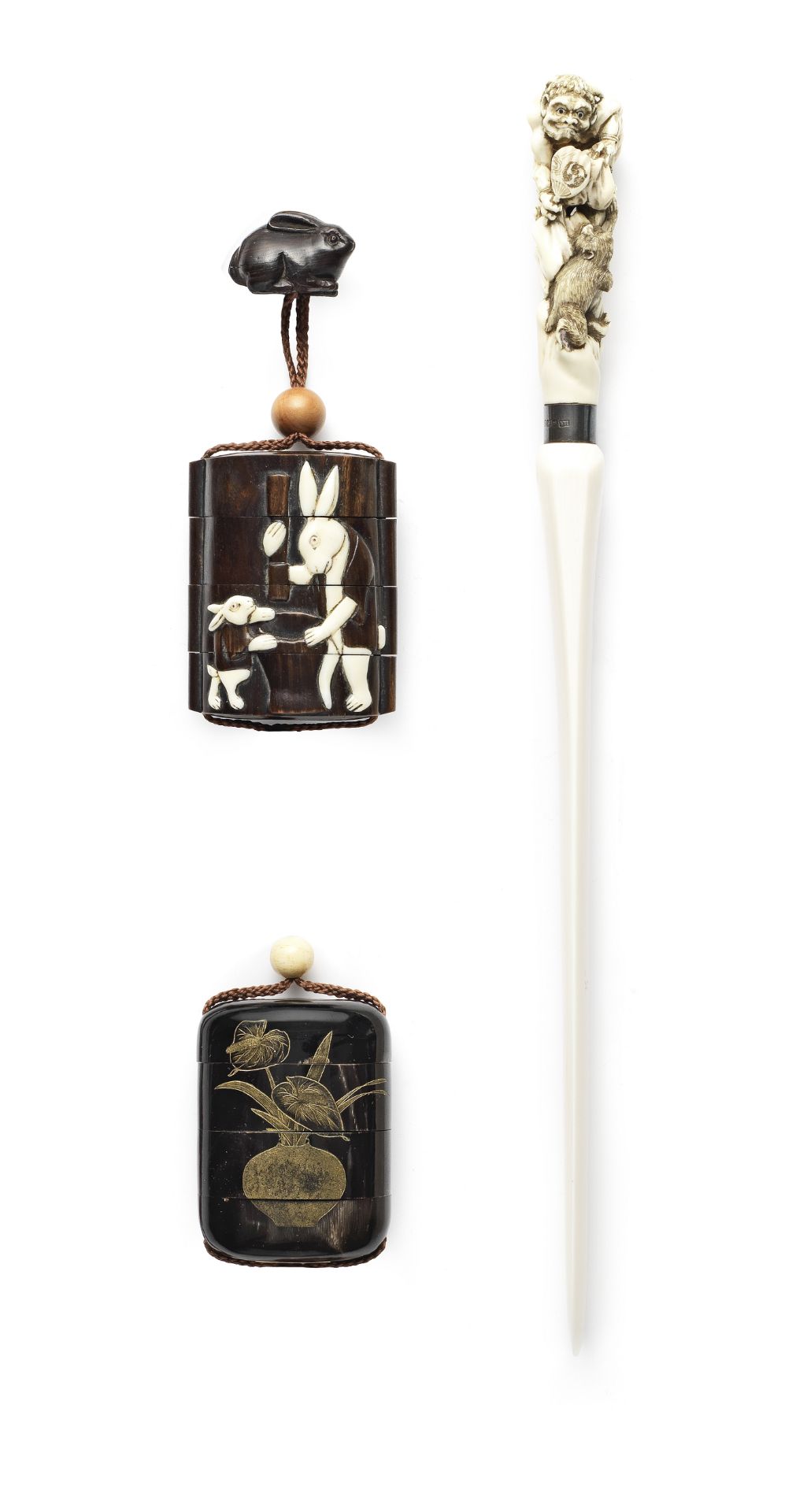 Three inro and an ivory paper knife Taisho (1912-1926) or Showa (1926-1989) era, early/mid-20th c...