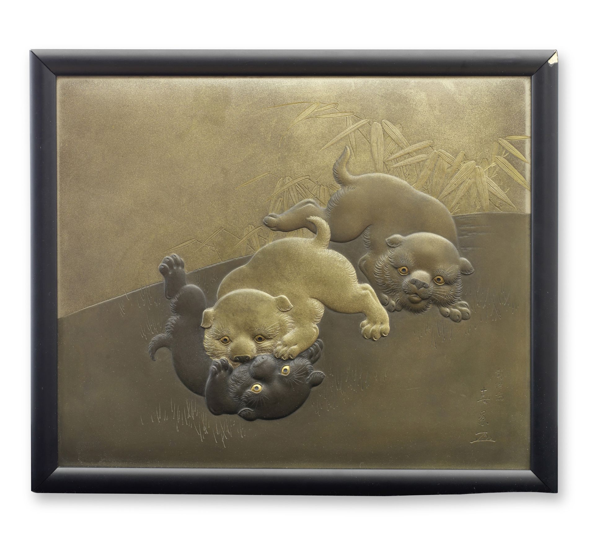 A framed bronze plaque By Ota Harukage, Taisho (1912-1926) or Showa (1926-1989) era, early/mid-2...