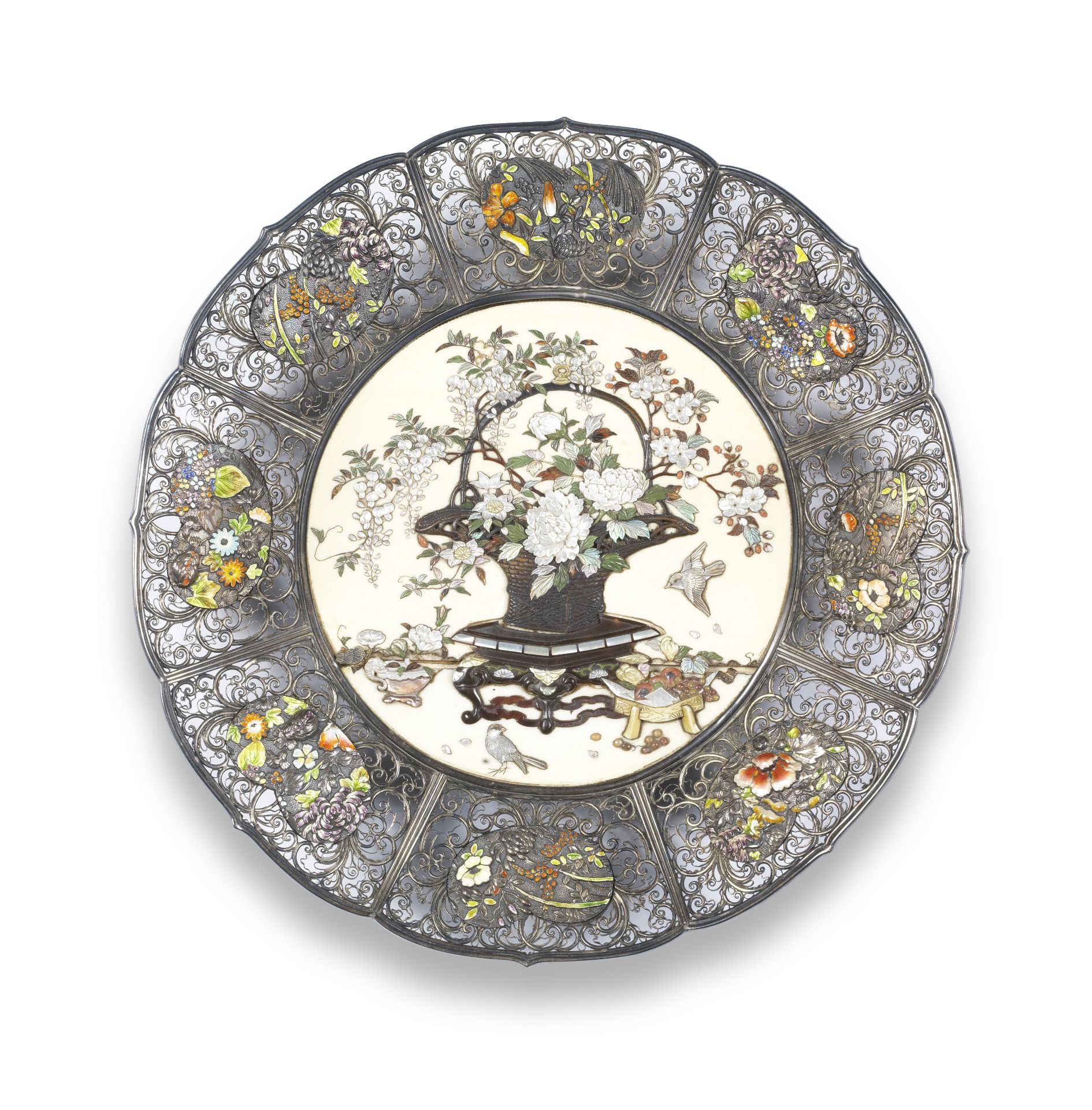 An ivory Shibayama-inlaid and enamelled silver-filigree dish By Masayoshi, Meiji era (1868-1912),...
