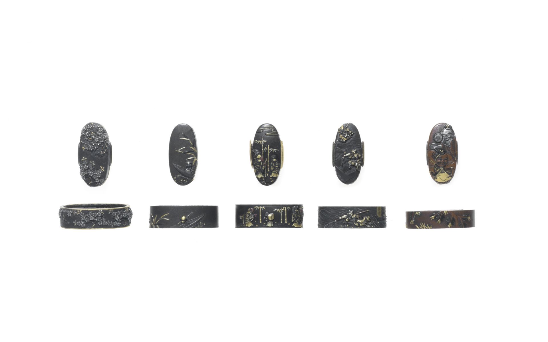 Five fuchi-gashira (matching hilt collars and pommels) Edo period (1615-1868), late 18th/19th cen...