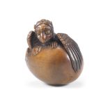 A wood netsuke of a tengu no tamago (hatching tengu) By Toyoyasu (Toyoyo, 1811-1883), Sasayama, T...