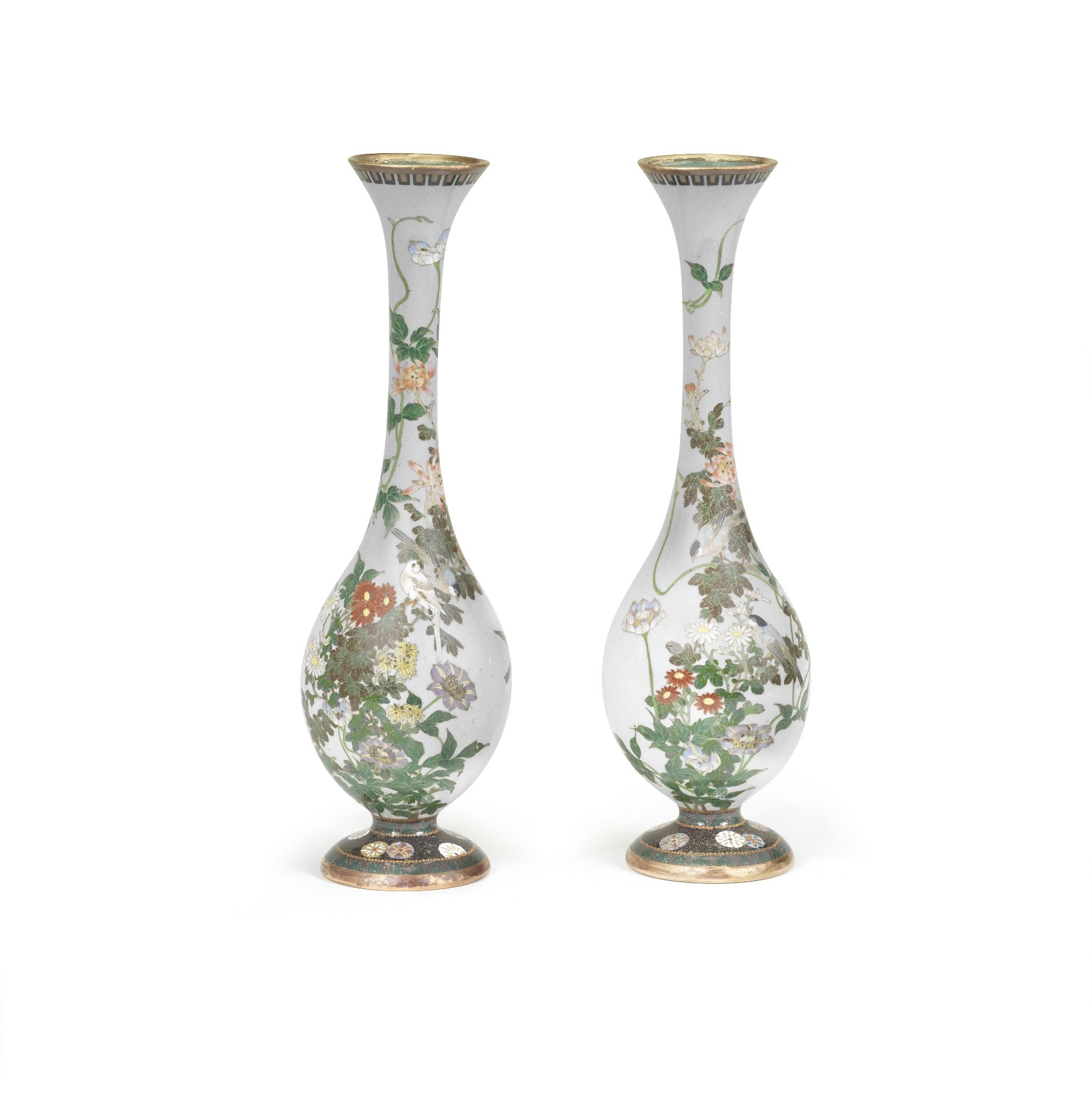 A pair of cloisonn&#233;-enamel slender pear-shaped vases Meiji era (1868-1912), late 19th/early ...