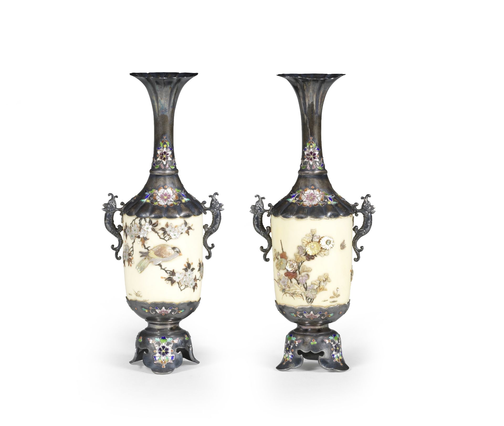 A pair of silver-mounted, enamelled and Shibayama-inlaid ivory vases By Gassan, Meiji era (1868-1...