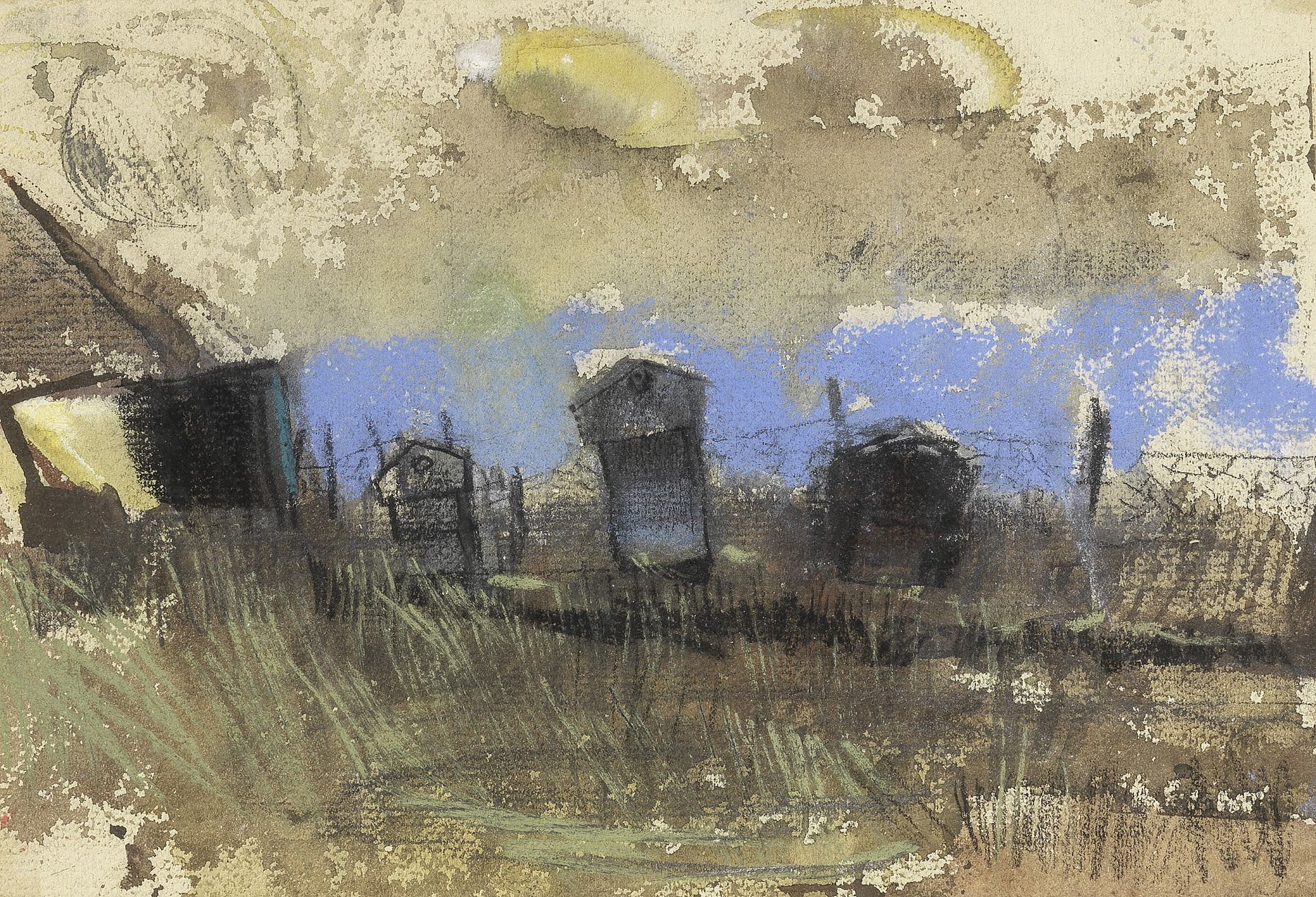 Joan Eardley RSA (British, 1921-1963) Beehives 15.8 x 23.3 cm. (6 1/4 x 9 1/4 in.)