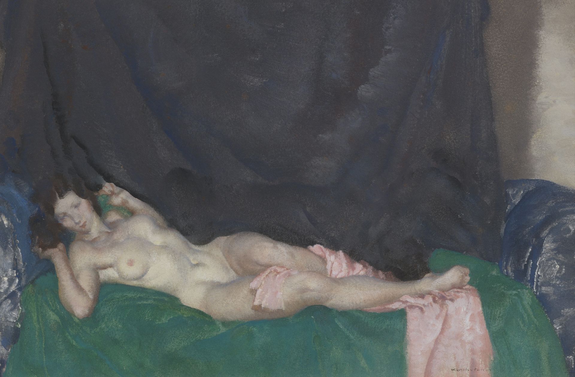 Sir William Russell Flint R.A., P.R.W.S. (1880-1969) Nude on green drapes 29 x 44.5 cm (11 7/16 x...