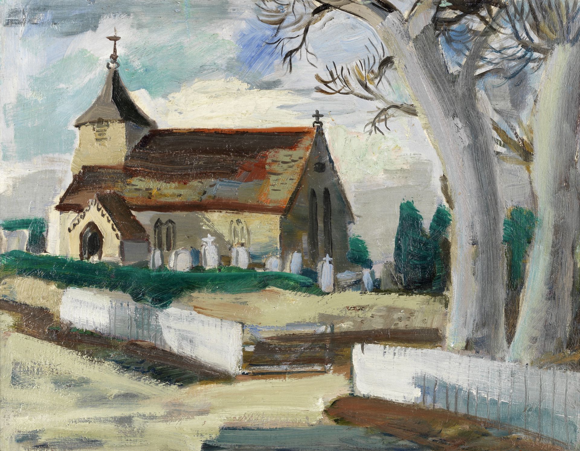 Anne Estelle Rice (American/British 1879-1959) Village Church 32 x 41 cm. (12 5/8 x 16 1/8 in.)