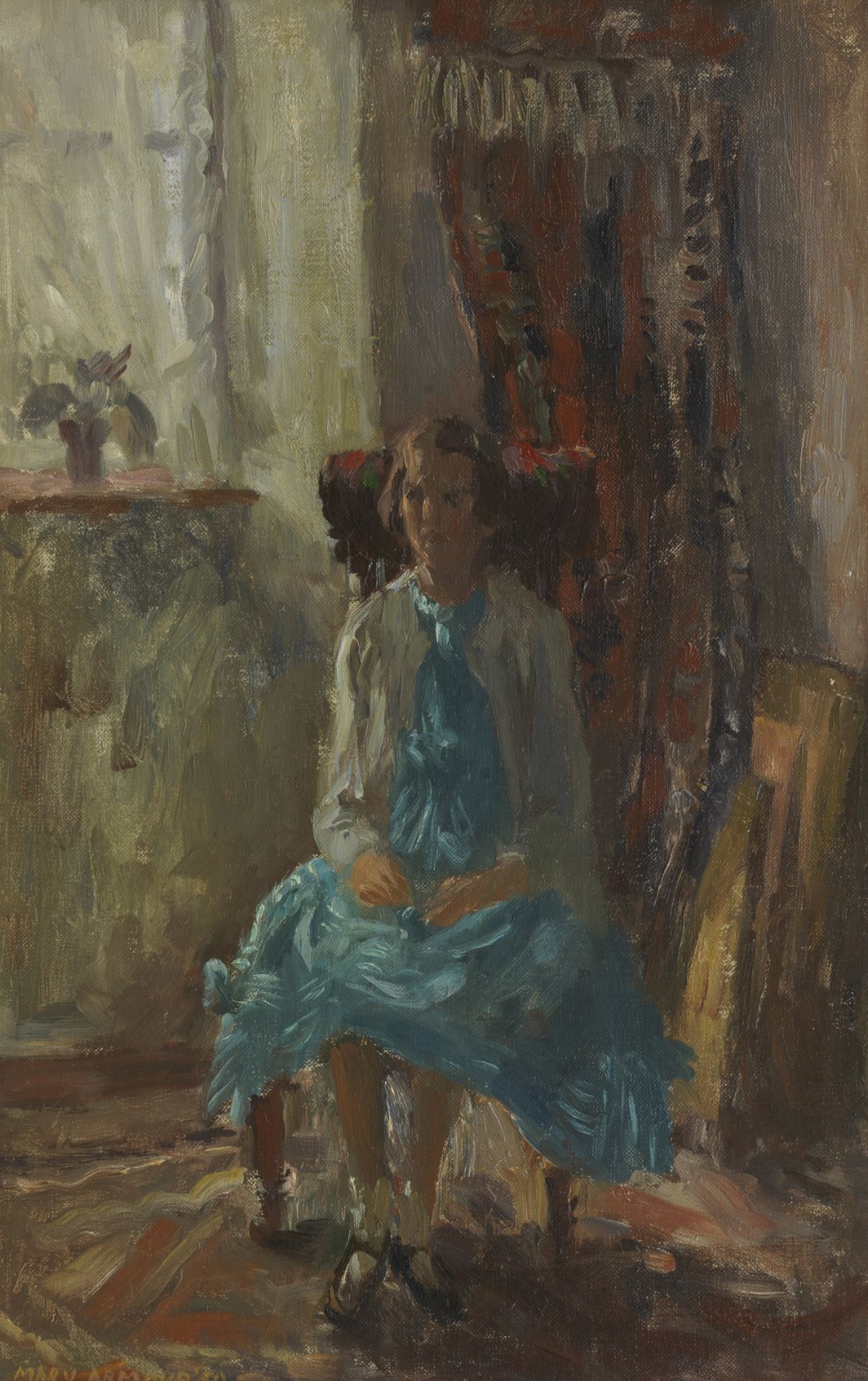 Mary Armour RSA RSW (British, 1902-2000) Portrait of a girl in blue dress 44 x 29 cm. (17 5/16 x ...