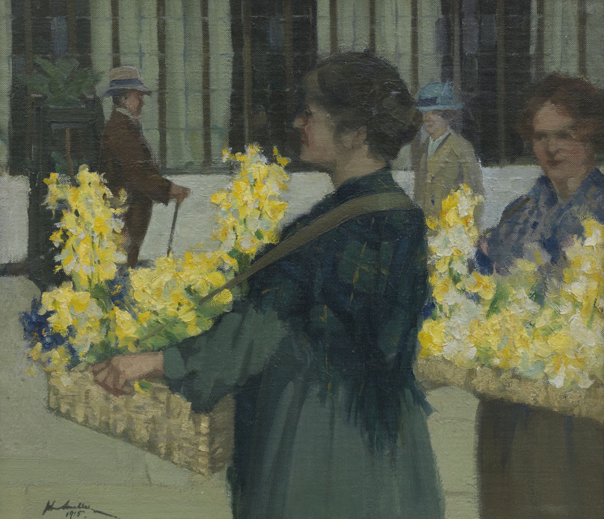 John Smellie (British, 1886-1925) Flower Sellers, Argyle Street, Glasgow 34 x 38.5 cm. (13 3/8 x ...