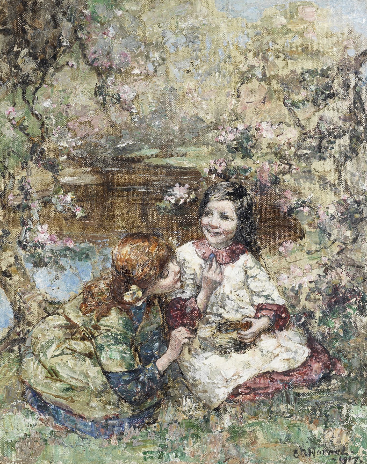 Edward Atkinson Hornel (British, 1864-1933) Two girls with a bird's nest 51.8 x 41 cm. (20 3/8 x ...