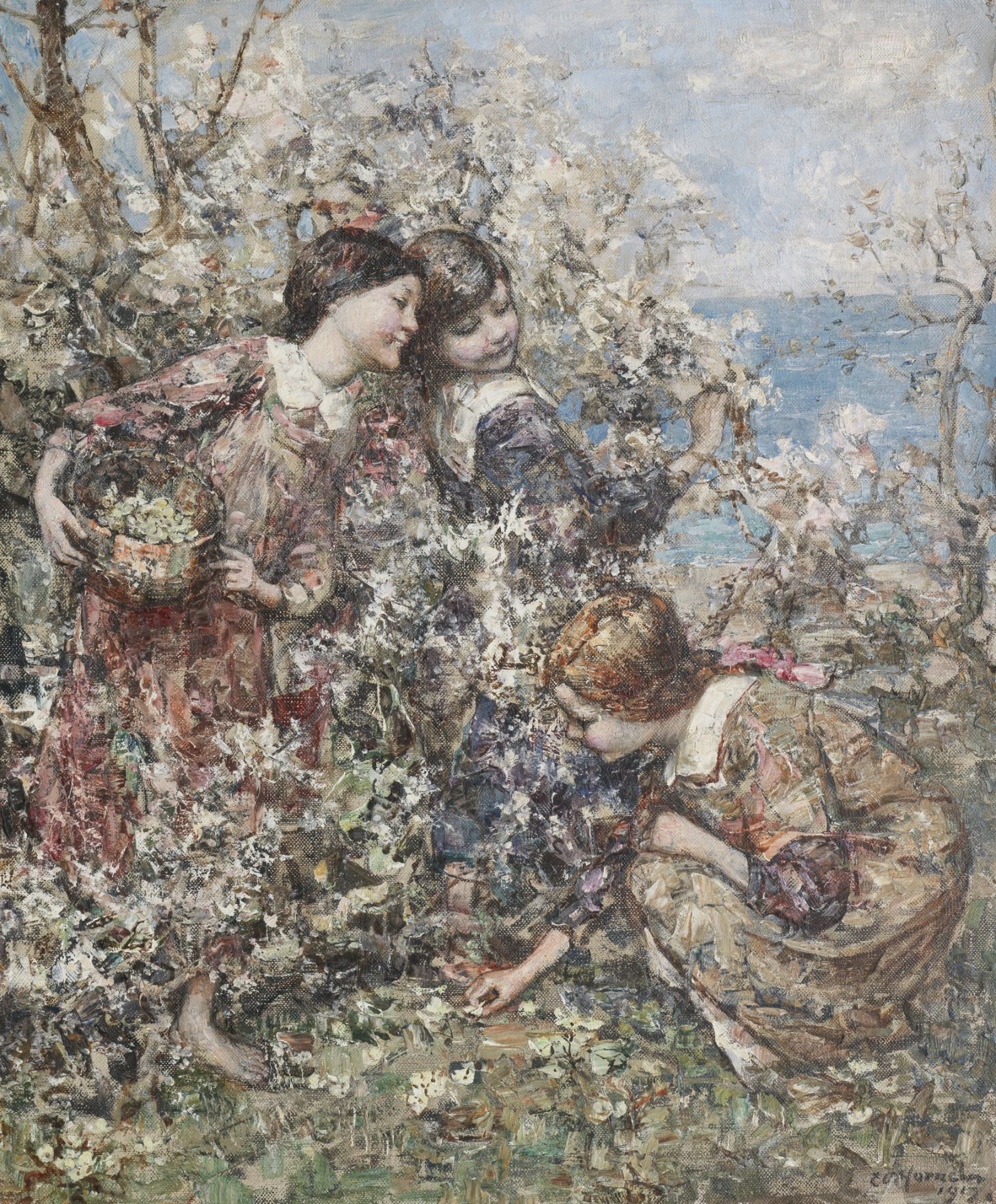 Edward Atkinson Hornel (British, 1864-1933) Gathering primroses, Brighouse Bay 76.2 x 63.5 cm. (3...