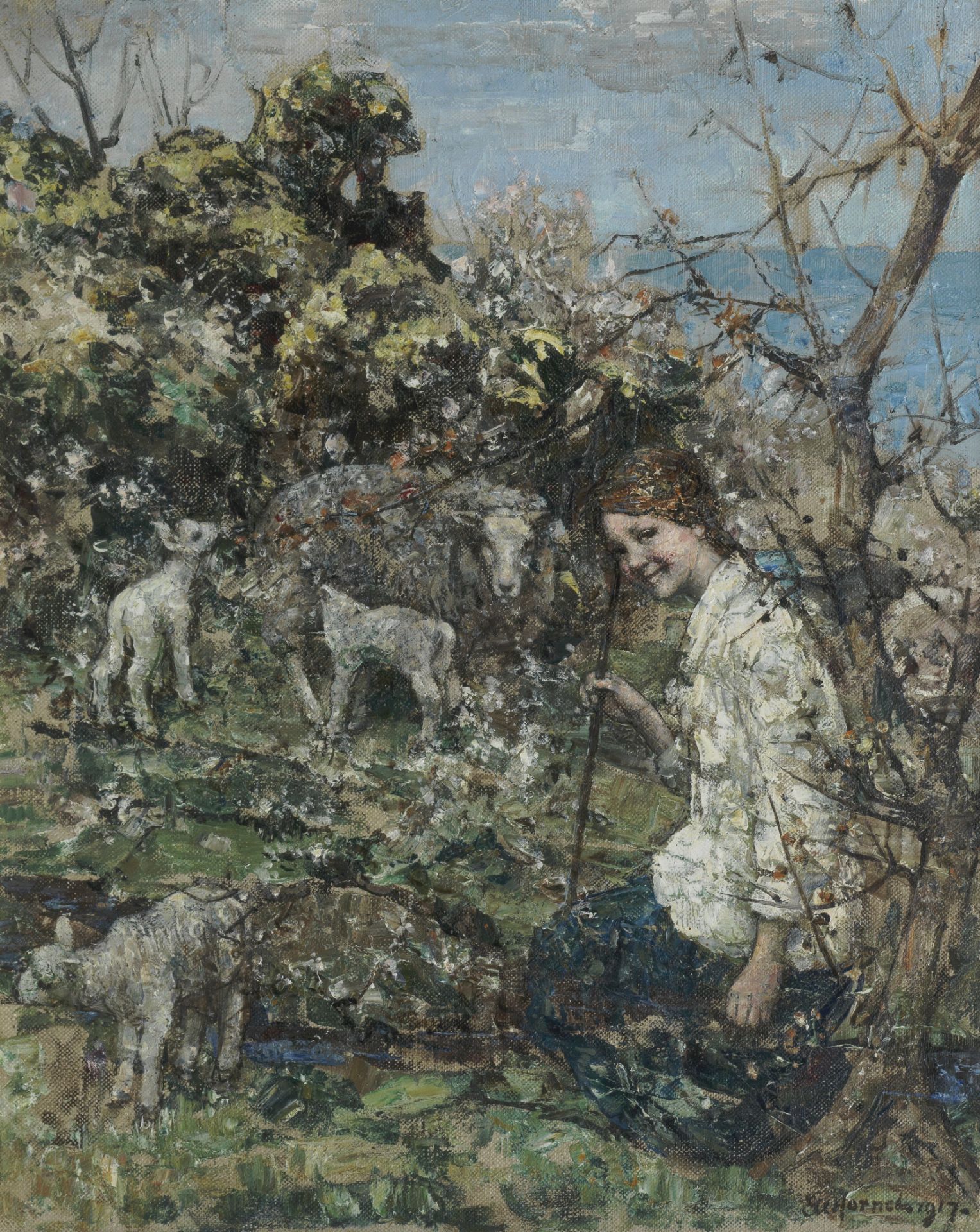 Edward Atkinson Hornel (British, 1864-1933) The Shepherdess 61 x 50. 8cm. (24 x 20 in.)