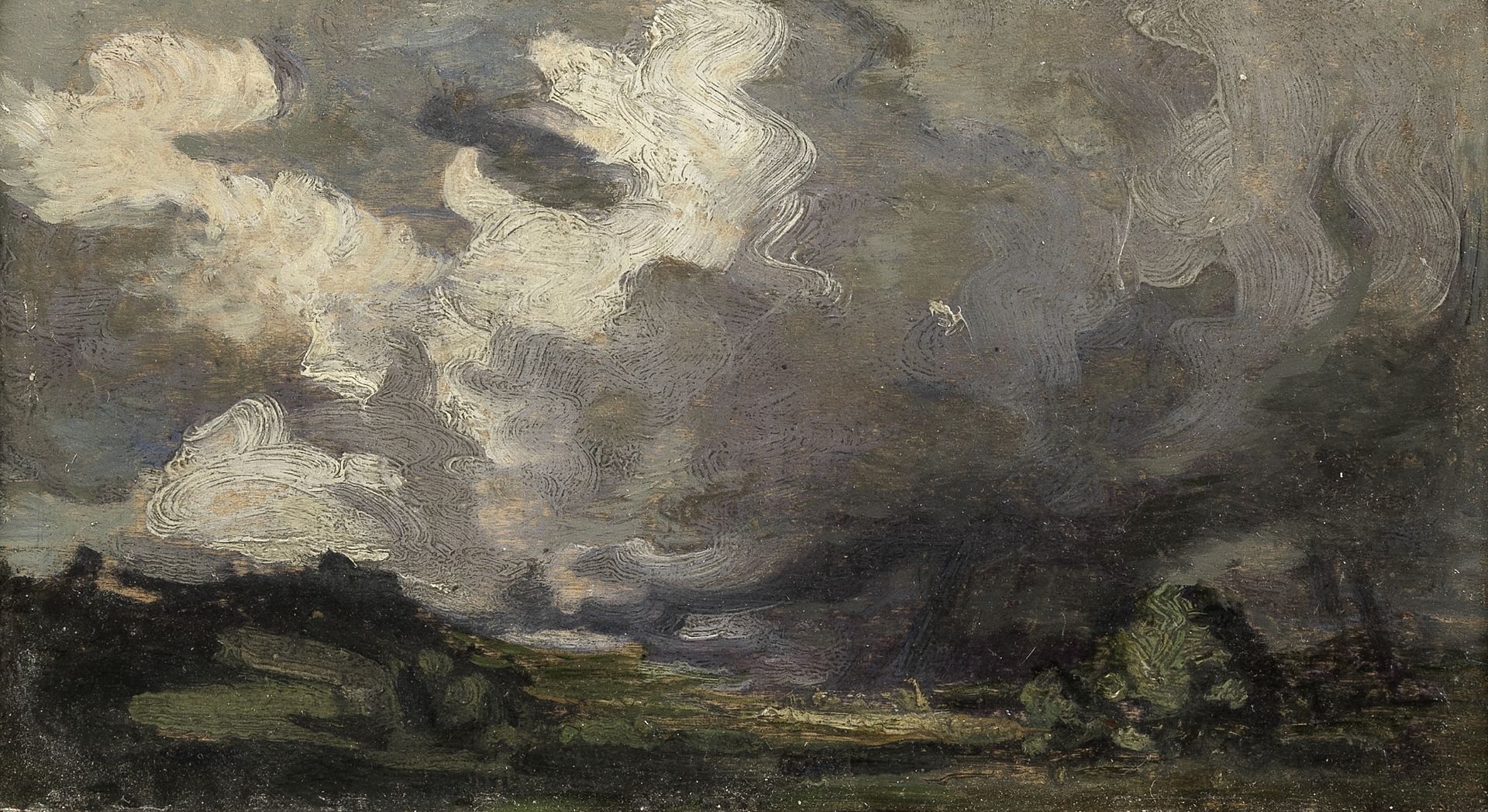 Samuel John Peploe RSA (British, 1871-1935) Comrie landscape with clouds 12.5 x 22 cm. (5 x 8 3/4...