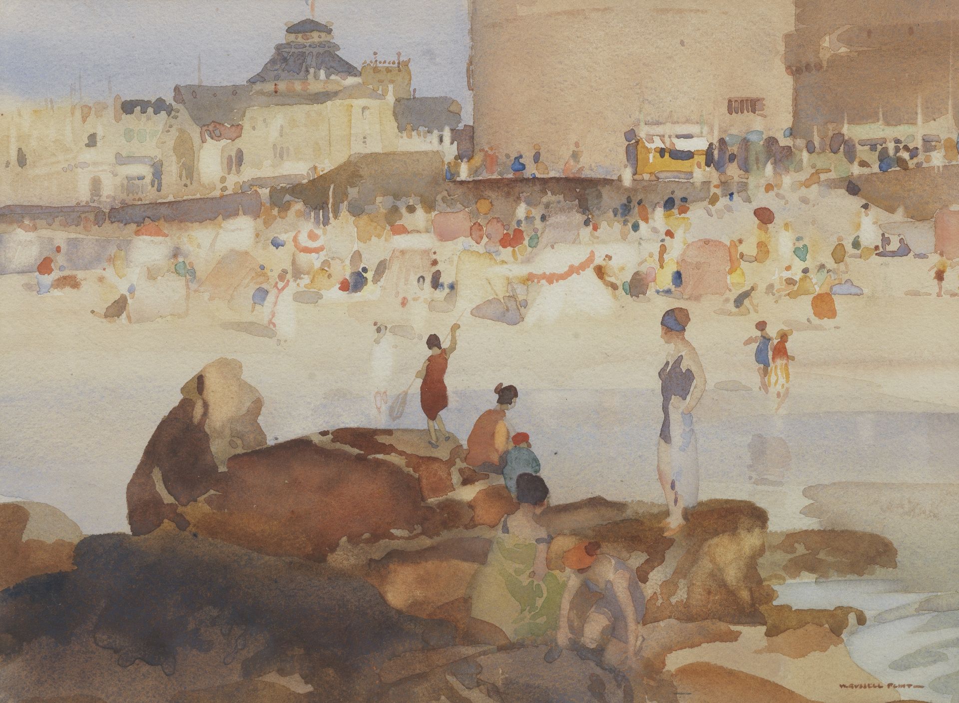 Sir William Russell Flint, RA, PRWS (British, 1880-1969) Crowded Beach 24 x 33 cm. (9 7/16 x 13 in.)