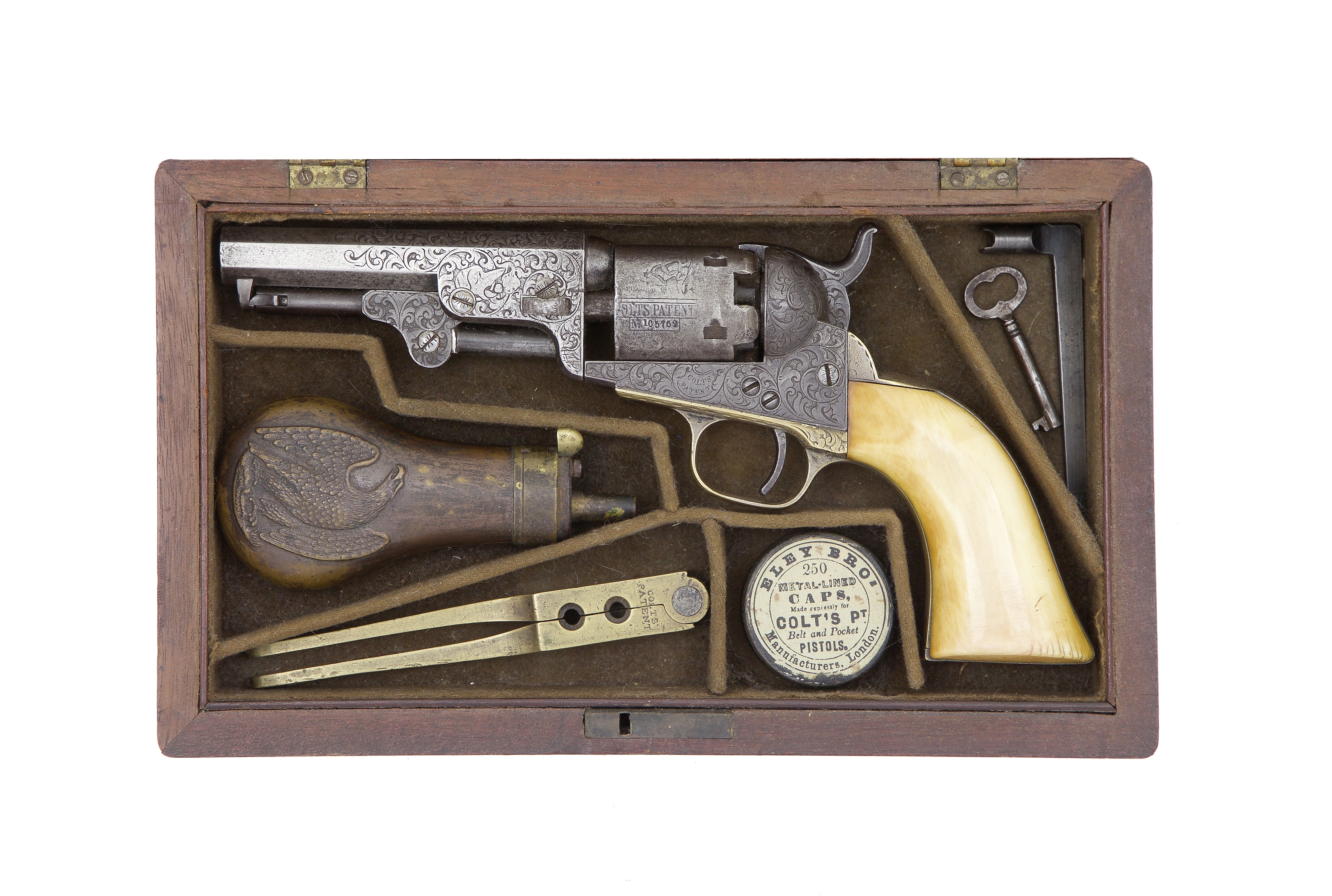 A Cased 1849 Model Pocket Percussion Revolver With Factory Engraved Decoration