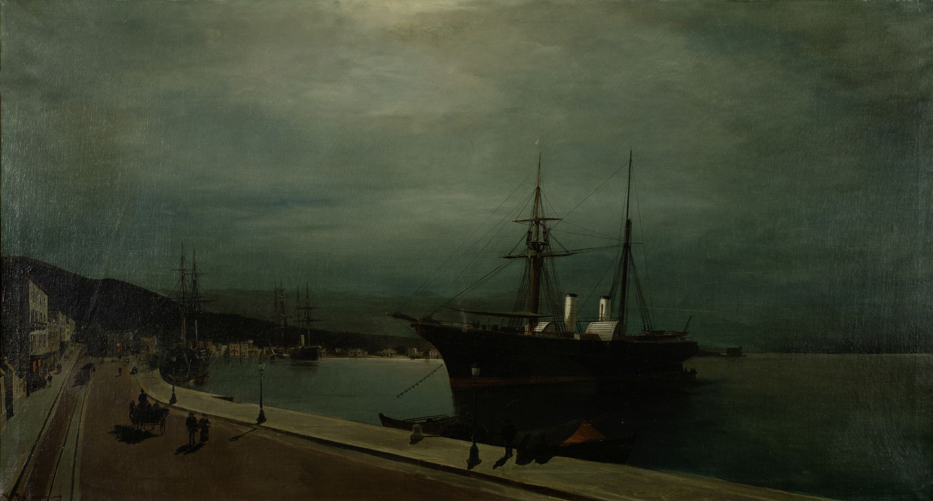 Constantinos Volanakis (Greek, 1837-1907) Le port de Volos un soir de plein lune (signed in Greek...