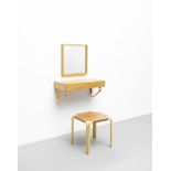 Alvar Aalto Mirror, model no. 50510, wall-mounted drawer unit, model no. 114, and 'X-Legs' stool...
