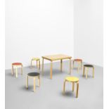 ALVAR & AINO AALTO Rare extendable 'L-leg' table, model 95A and group of six 'L-leg' stackable s...