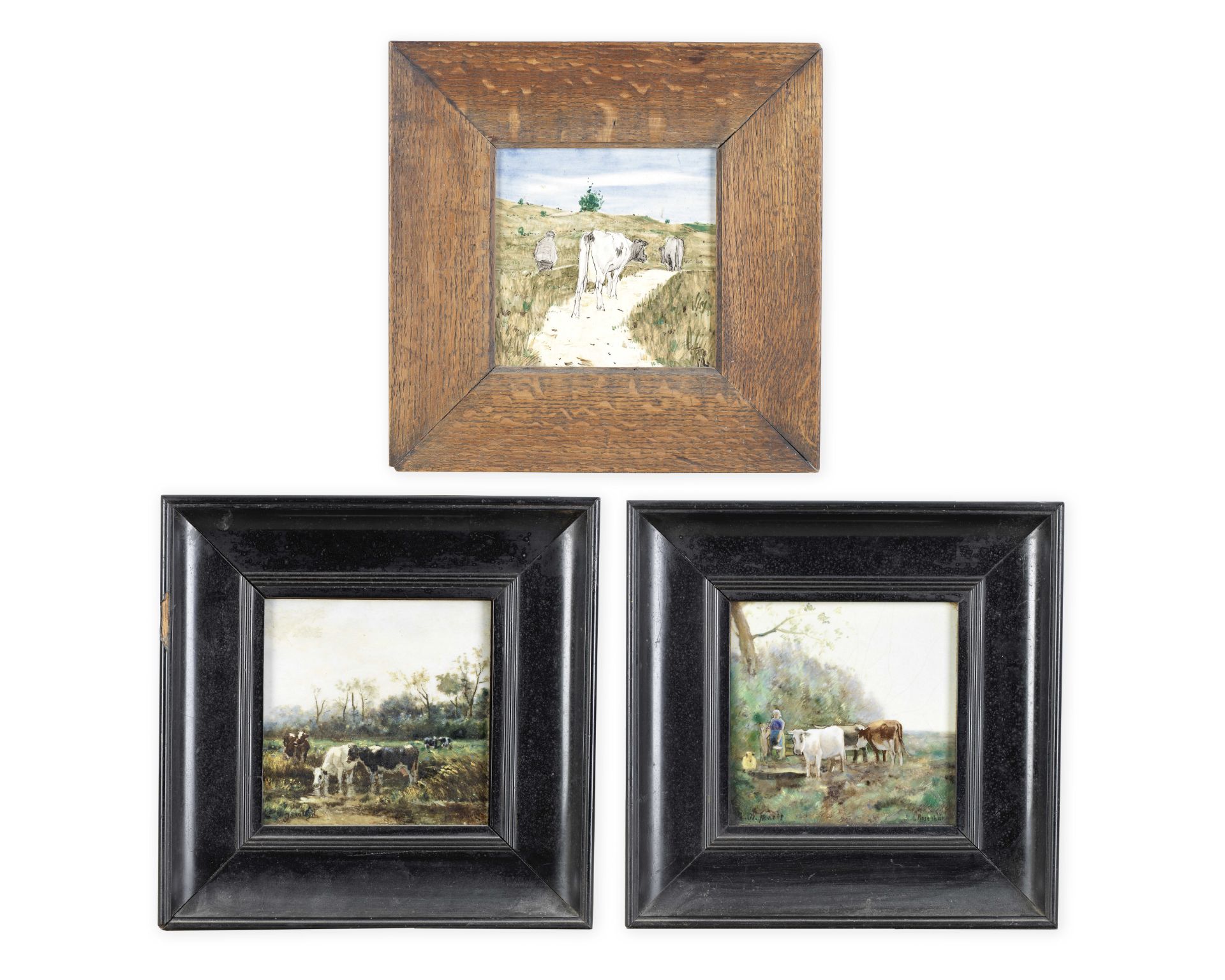 Rozenburg Three picture tiles depicting rural scenes with cows, late 19th/early 20th Century