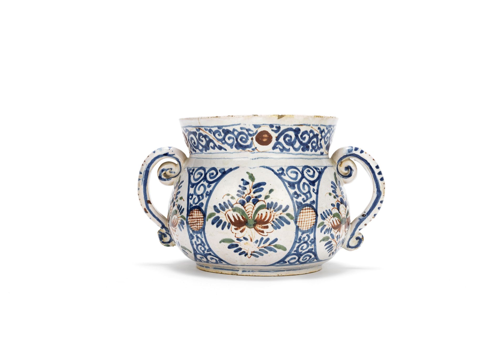 An English delftware posset pot, probably Bristol, circa 1710-30