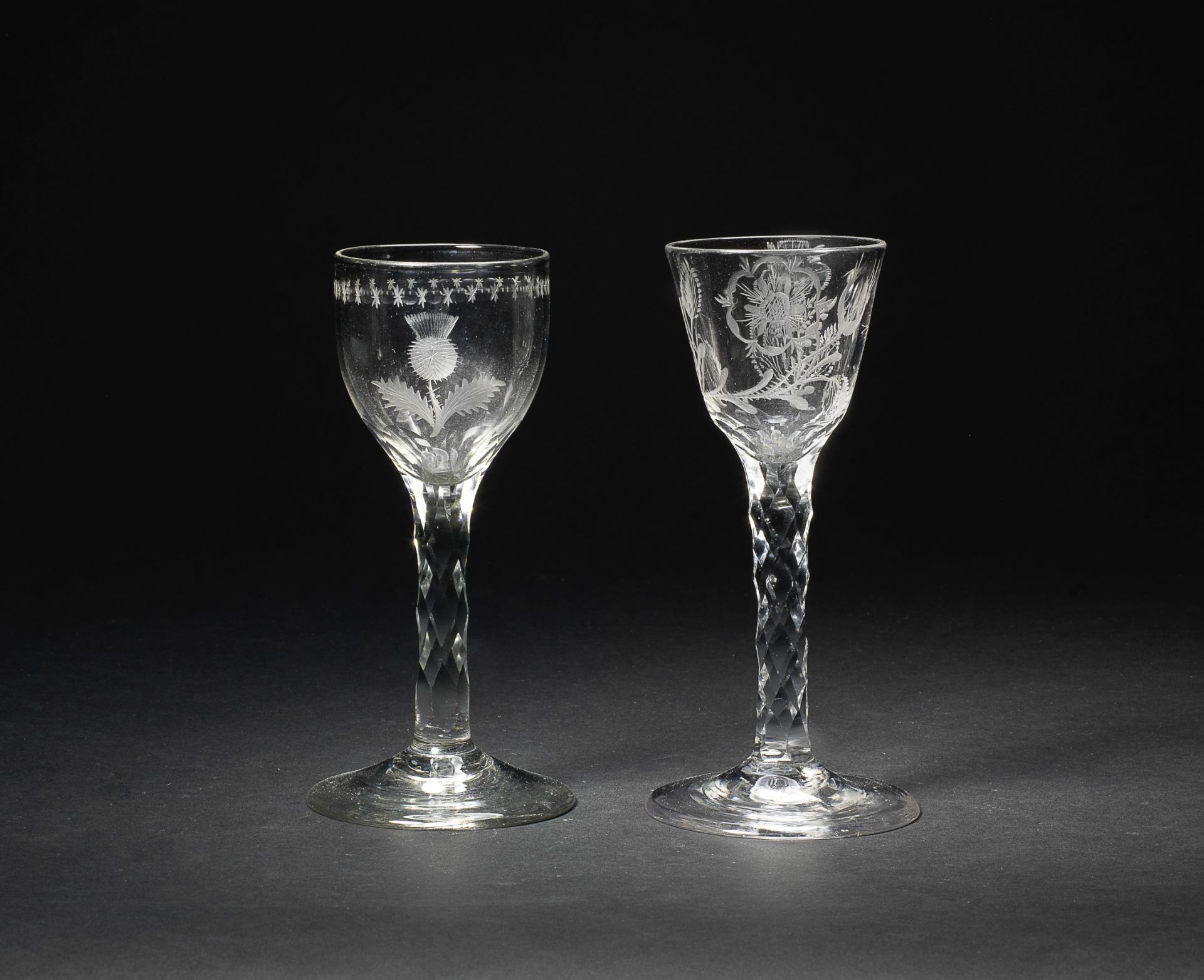 An engraved 'Thistle Club' wine glass and another of Jacobite interest, circa 1770-75