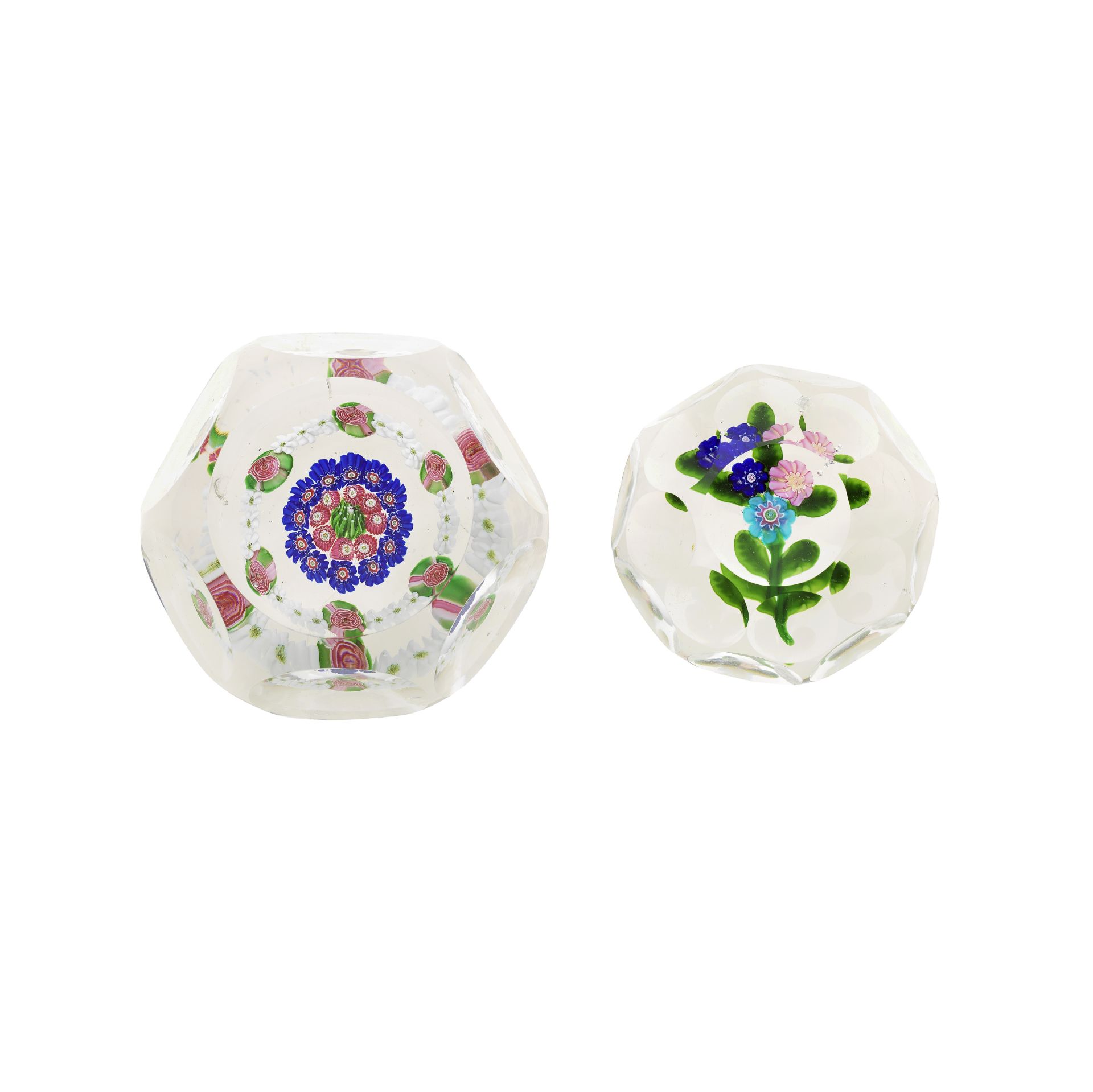 A Clichy faceted patterned millefiori paperweight and a miniature flat bouquet weight, circa 1850