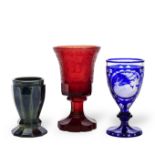 Three Bohemian engraved goblets and a Lithyalin beaker, 19th century