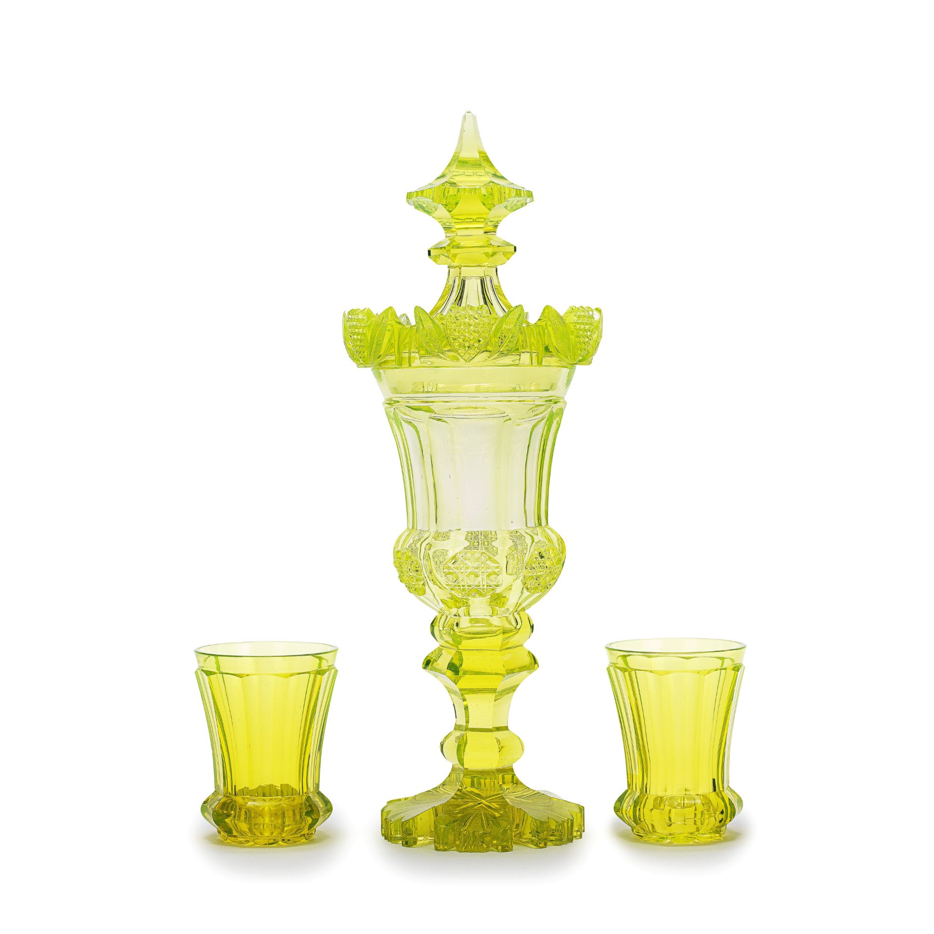 A Bohemian 'Annagrun' cut glass goblet and cover and a pair of beakers, circa 1840-60