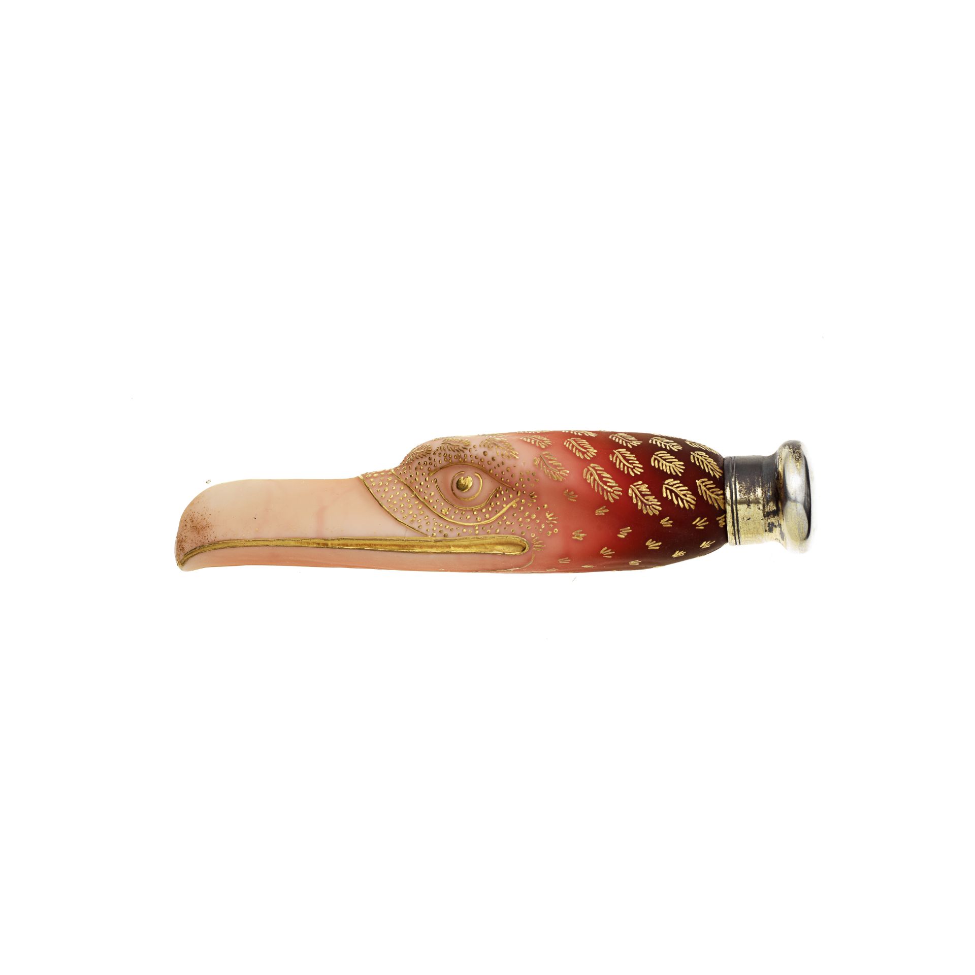 A very rare Thomas Webb and Sons gilded 'peachblow' glass falcon's head scent bottle, dated 1885