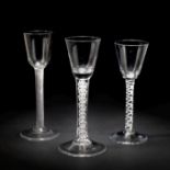 Two cordial glasses and a wine glass with twist stems, circa 1755-65