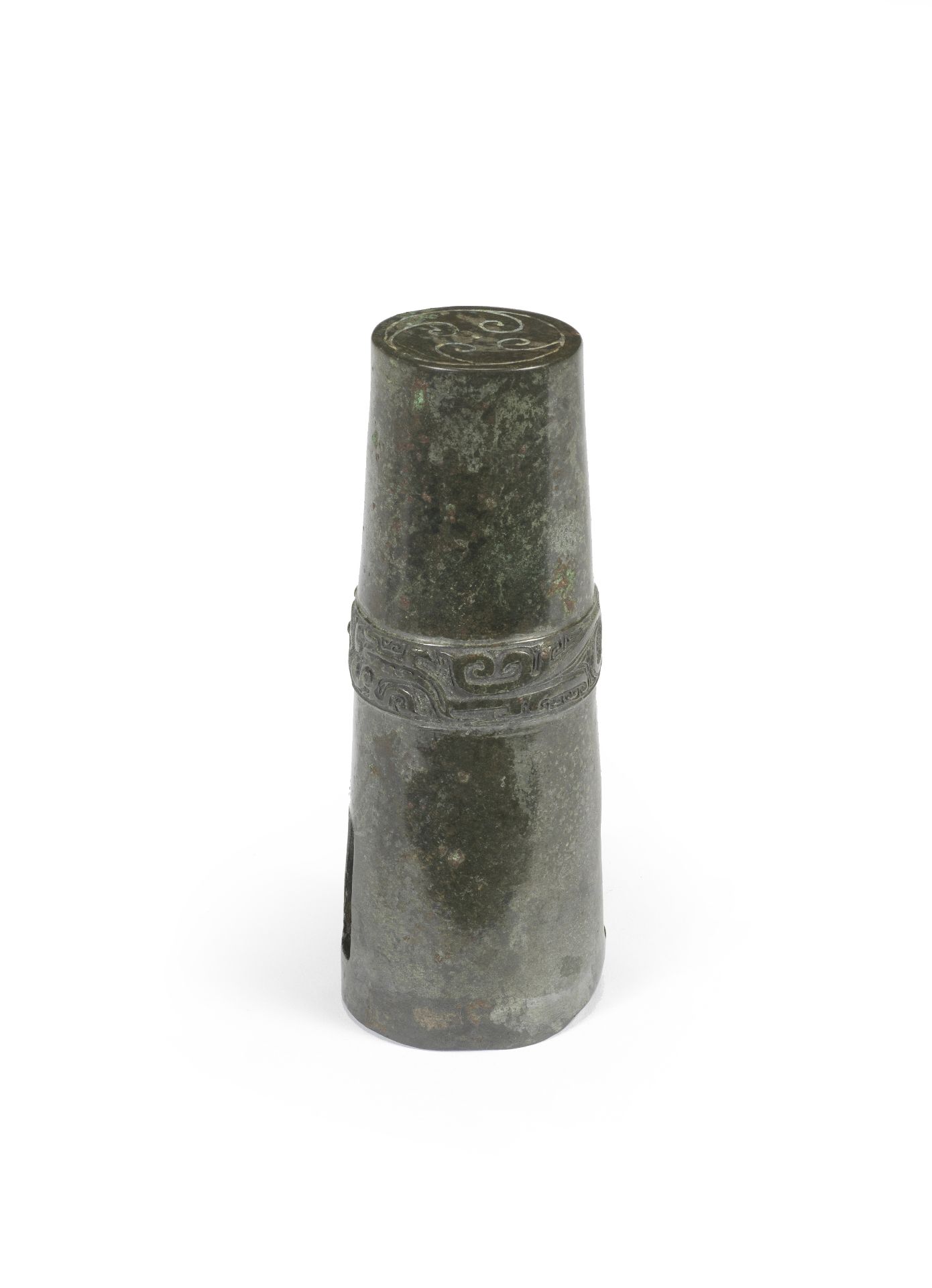 A RARE ARCHAIC BRONZE CHARIOT-AXLE TUBULAR CAP FITTING Western Zhou Dynasty (2)