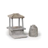 A GREY POTTERY MODEL OF A ROOFED WELLHEAD AND A GREY POTTERY BEAR-SHAPED LAMP BASE Han Dynasty (6)