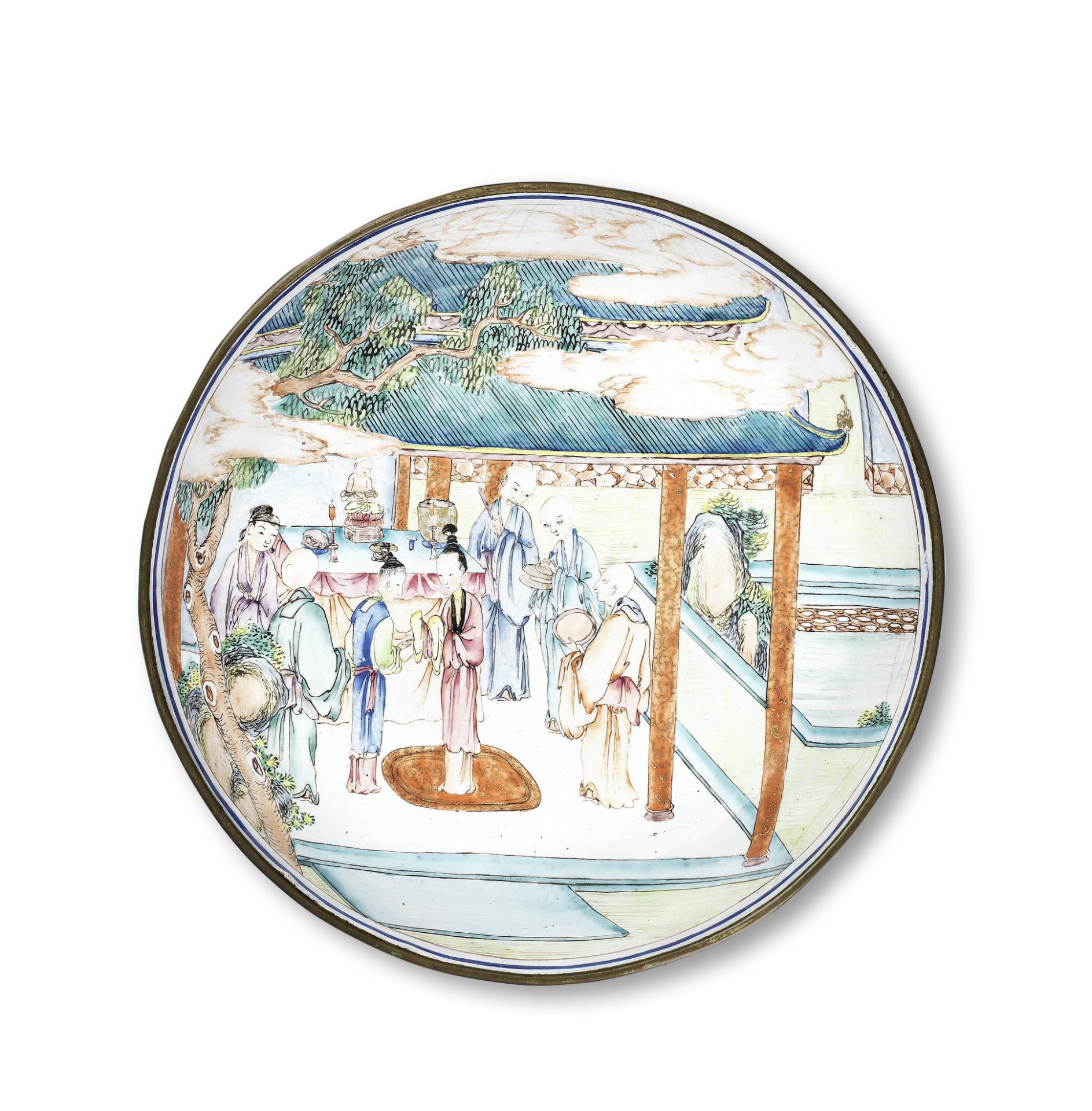 A RARE PAINTED ENAMEL 'ROMANCE OF THE WESTERN CHAMBER' SAUCER-DISH 18th century