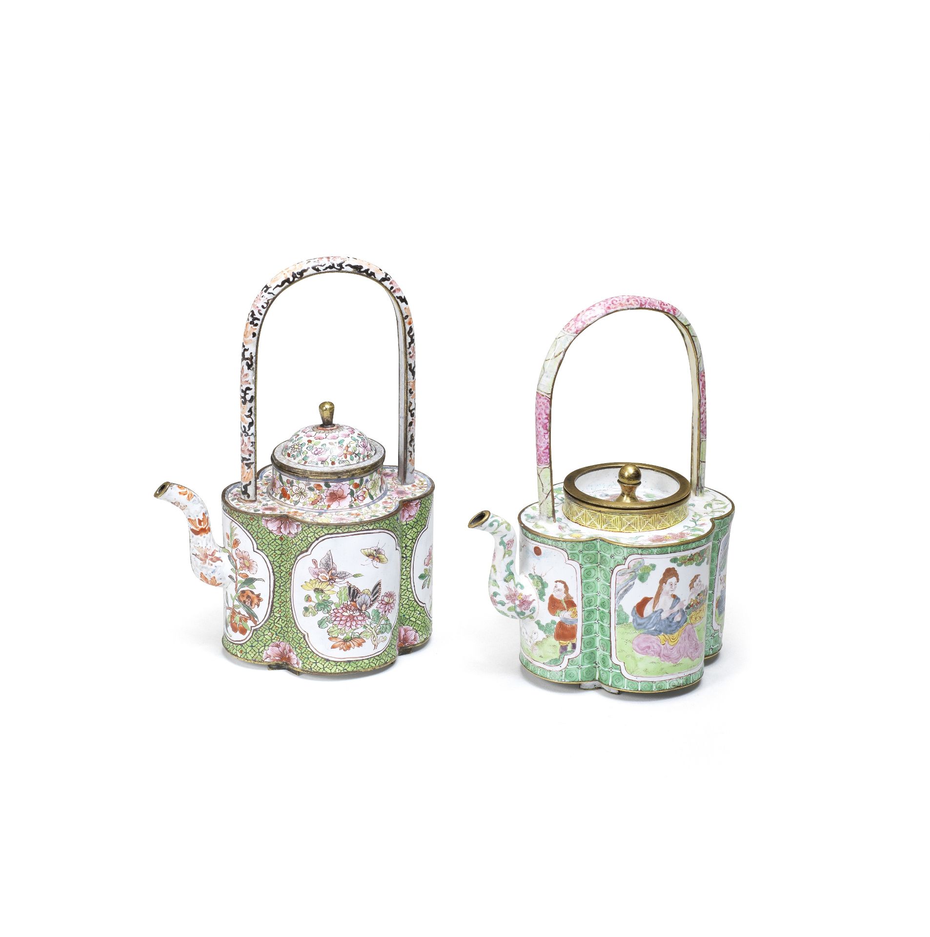 Two painted enamel green-ground teapots and covers 18th century (4)