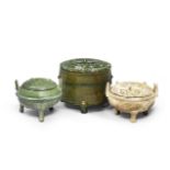 TWO POTTERY RITUAL TRIPOD FOOD VESSELS AND COVERS, DING, AND A POTTERY GREEN-GLAZED TRIPOD INCENS...